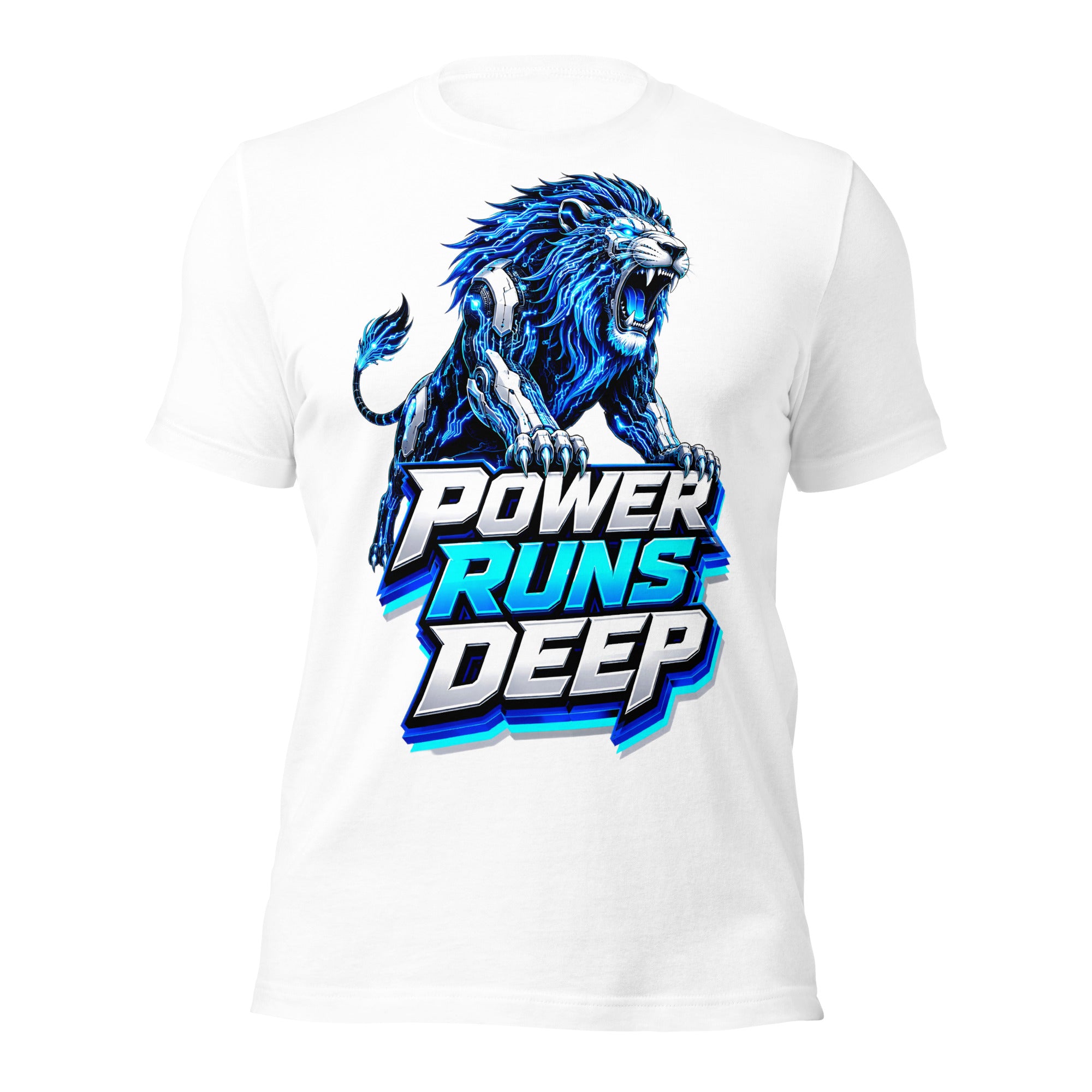 Unisex t-shirt - Cybernetic Neon Lion - Power Runs Deep Premium Graphic Design by printfluence.net