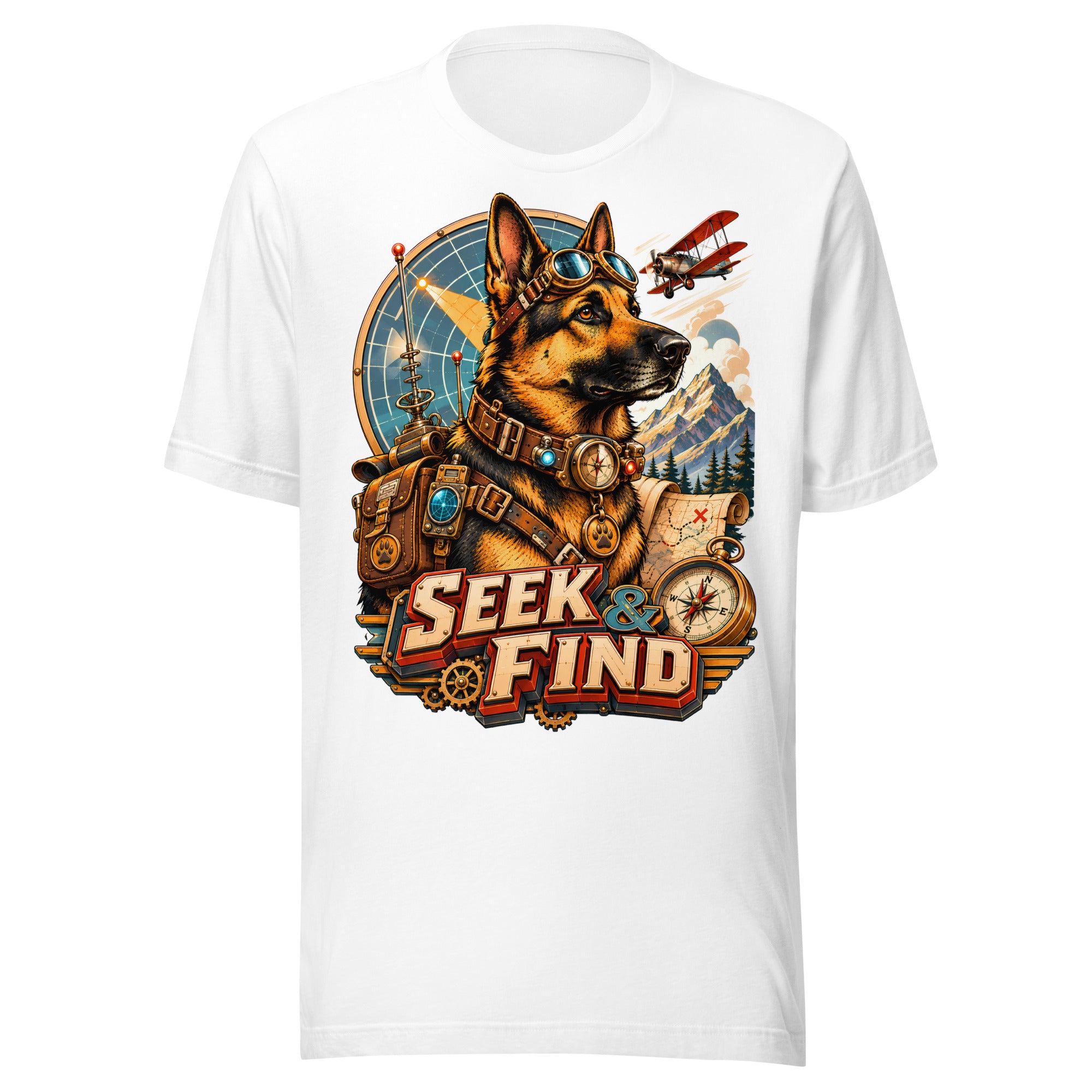 German Shepherd Lovers Unisex T-Shirt | "Seek & Find" Vintage Explorer Graphic Apparel by printfluence.net
