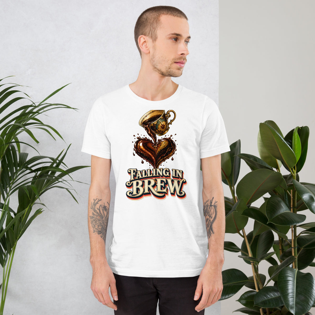 Coffee Lovers Unisex T-Shirt Falling in Brew – Romantic Coffee Heart Graphic Tee by printfluence.net