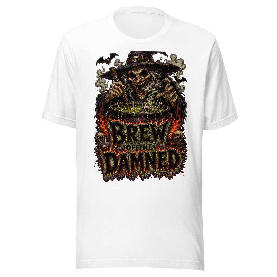 Horror & Mystery Lovers Unisex Staple T-Shirt with "Brew of the Damned" Witch Cauldron Design by printfluence.net