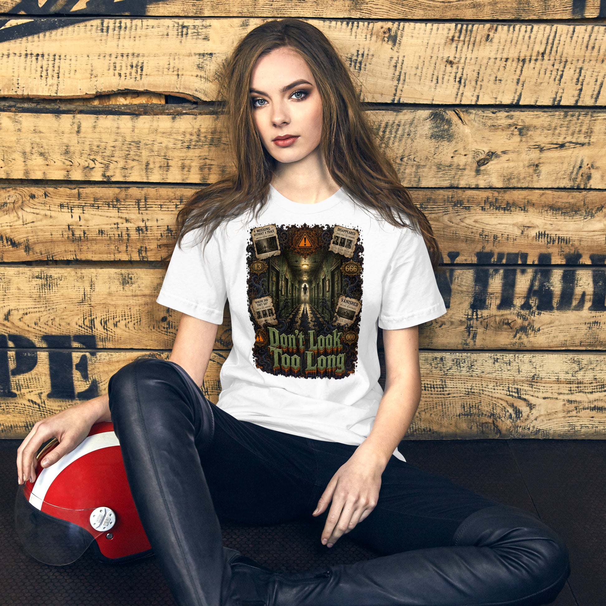 Horror and Mystery Lovers Unisex T-Shirt — "Don't Look Too Long" Creepy Hallway and Missing Persons Design by printfluence.net