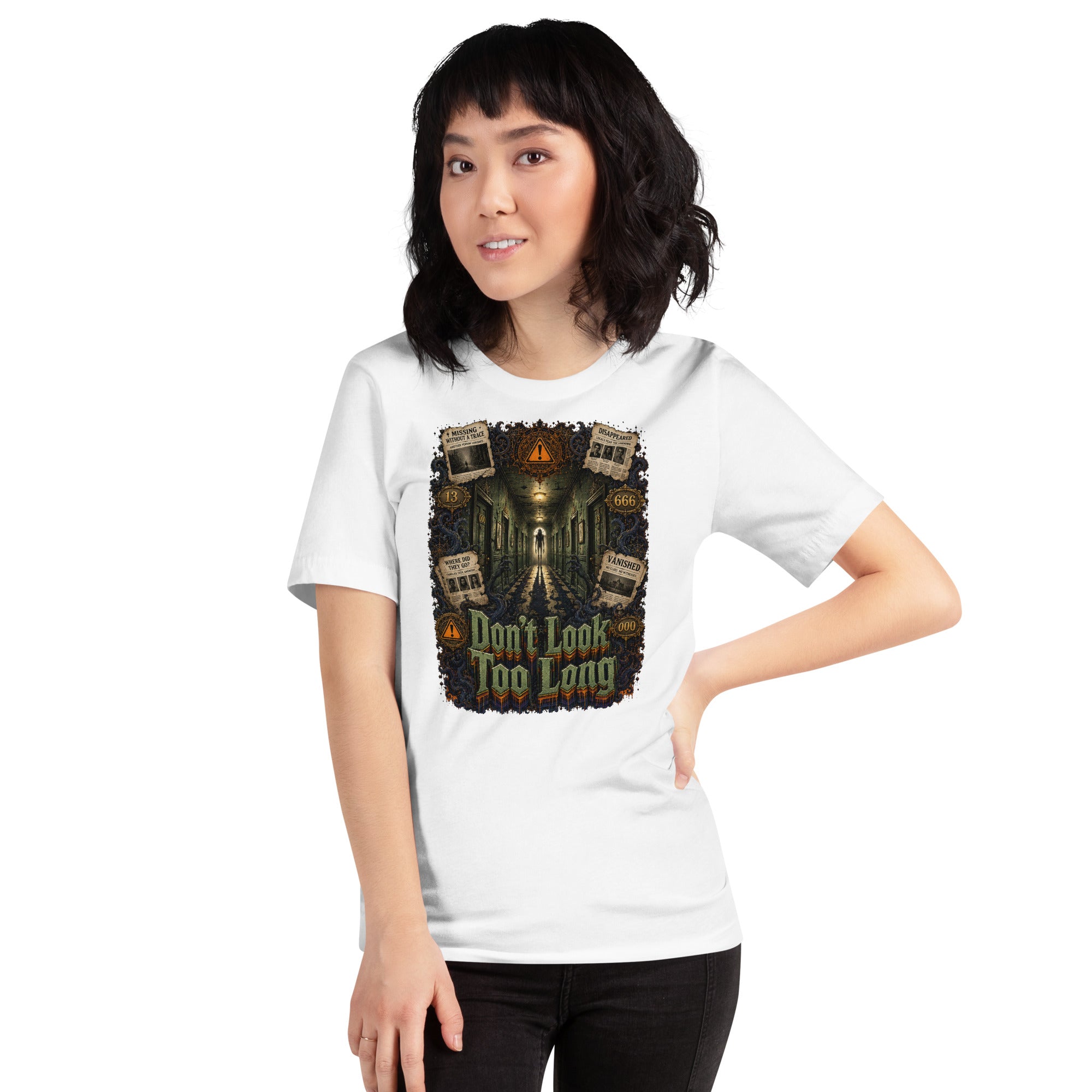 Horror and Mystery Lovers Unisex T-Shirt — "Don't Look Too Long" Creepy Hallway and Missing Persons Design by printfluence.net