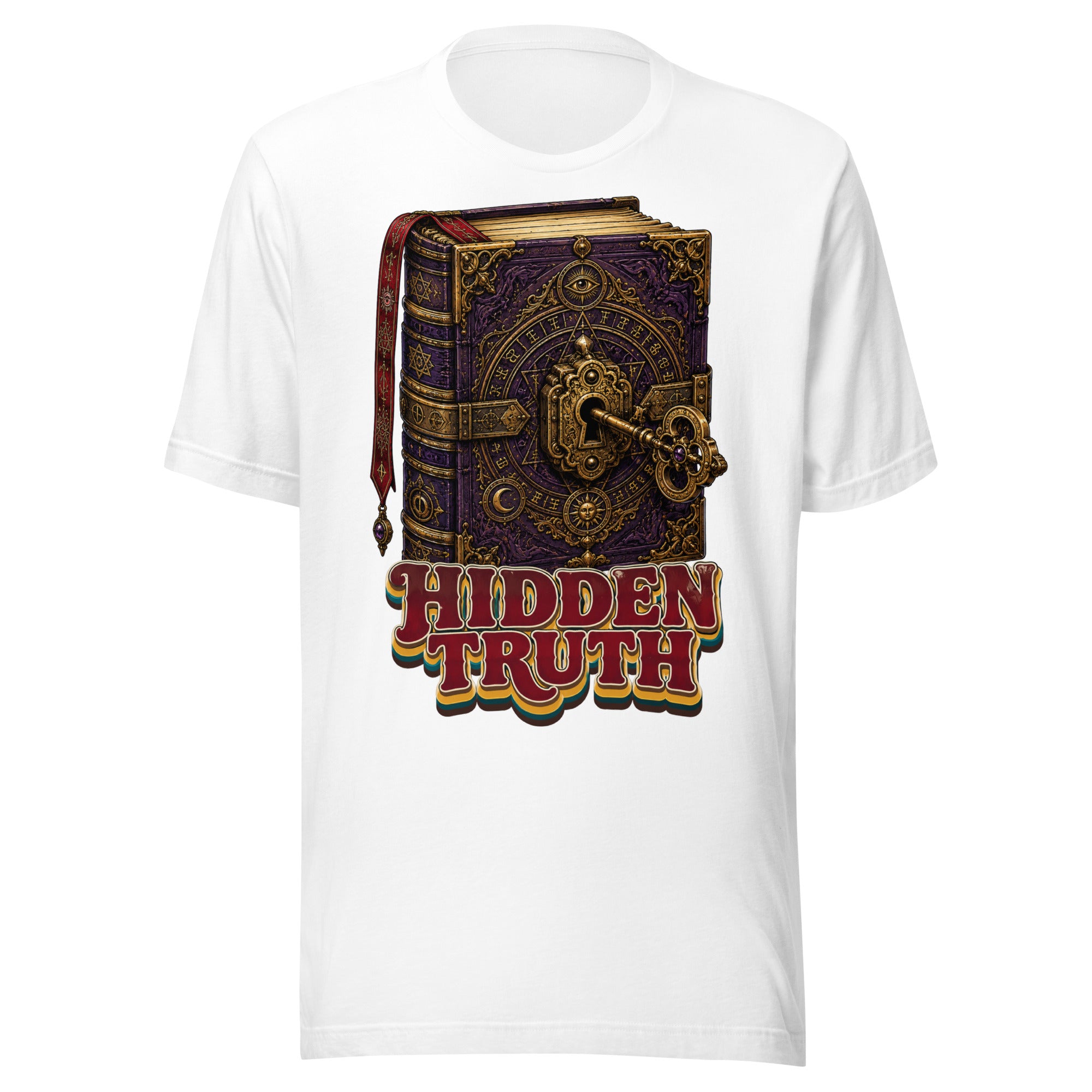 Horror and Mystery Lovers Unisex Staple T-Shirt — "Hidden Truth" Cursed Grimoire and Esoteric Key Design by printfluence.net