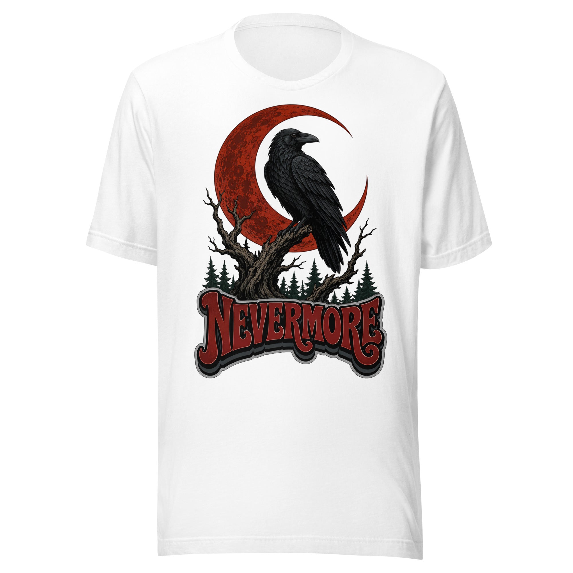 Horror & Mystery Lovers Unisex Staple T-Shirt — "Nevermore" Blood Moon Raven and Dead Tree Design by printfluence.net