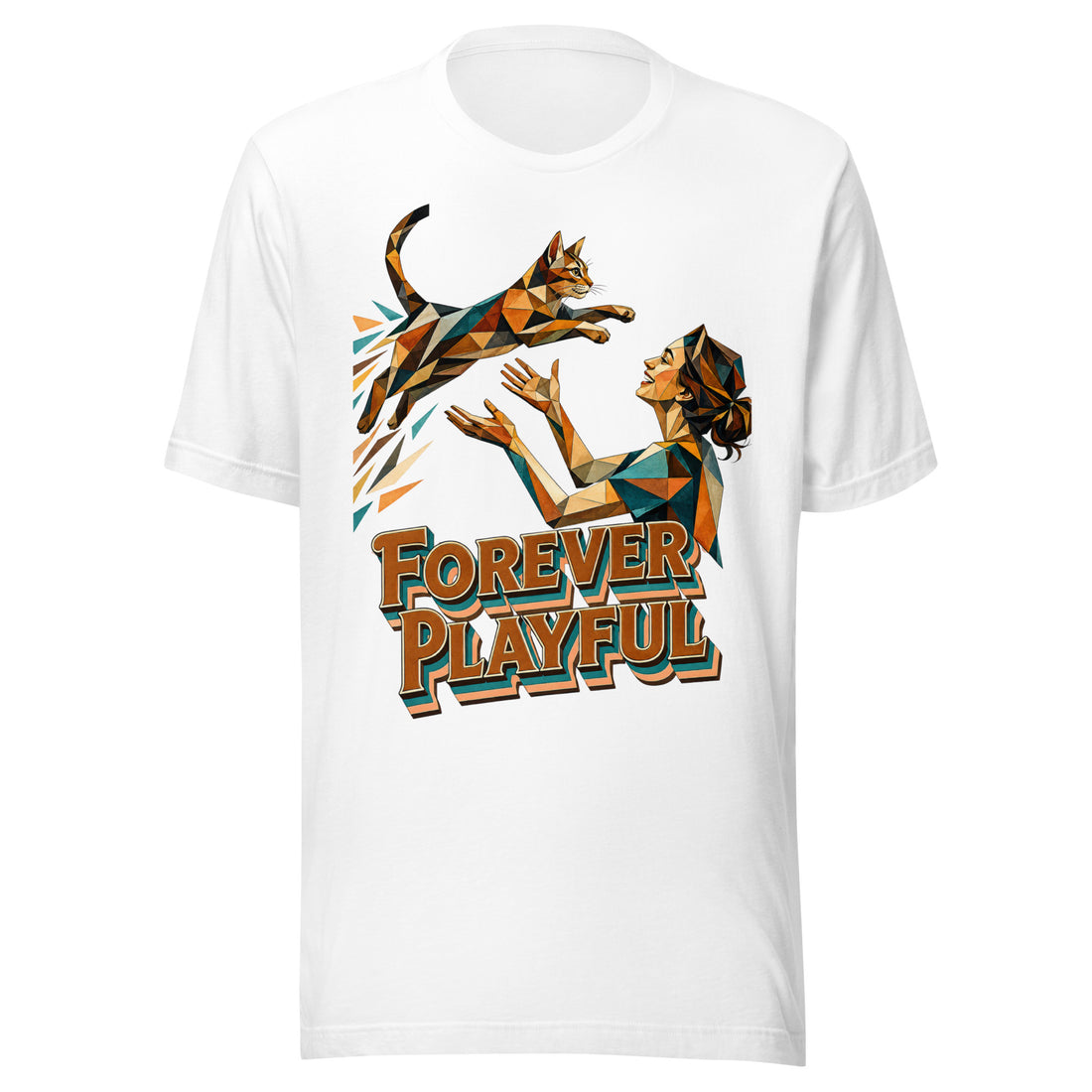 Cat Lovers Unisex Staple T-Shirt – Forever Playful Geometric Cat Design by printfluence.net