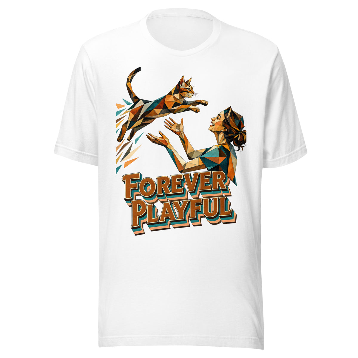 Cat Lovers Unisex Staple T-Shirt – Forever Playful Geometric Cat Design by printfluence.net