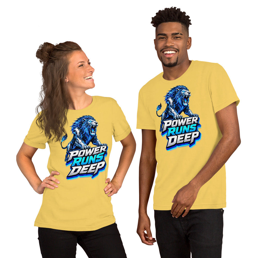 Unisex t-shirt - Cybernetic Neon Lion - Power Runs Deep Premium Graphic Design by printfluence.net