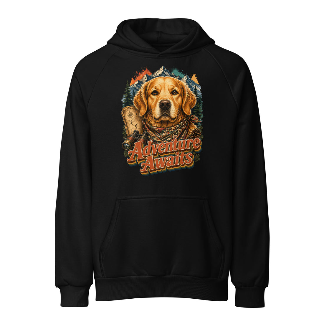 Golden Retriever Lovers Unisex Super Heavyweight Hoodie — "Adventure Awaits" Explorer Dog, Mountains, and Map Design by printfluence.net