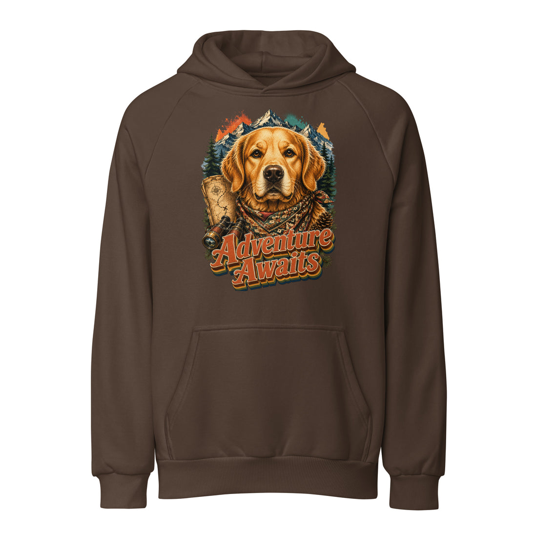 Golden Retriever Lovers Unisex Super Heavyweight Hoodie — "Adventure Awaits" Explorer Dog, Mountains, and Map Design by printfluence.net