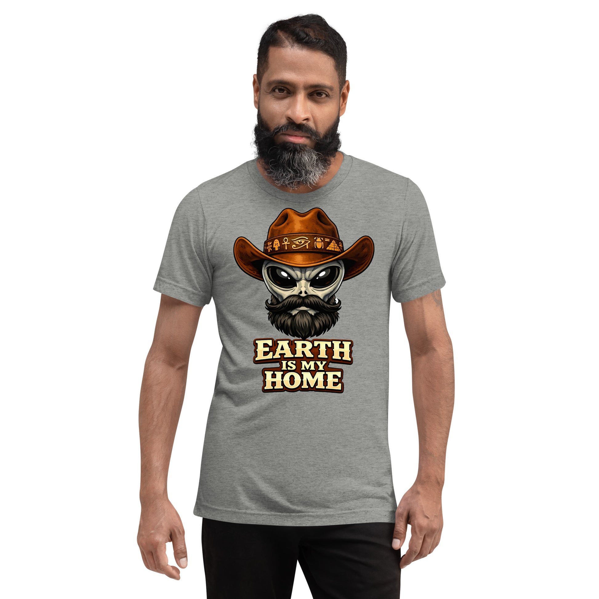 Short sleeve t-shirt - "Earth Is My Home" Alien Cowboy Graphic Tee – Ancient Egyptian Sci-Fi Tri-Blend T-Shirt by printfluence.net
