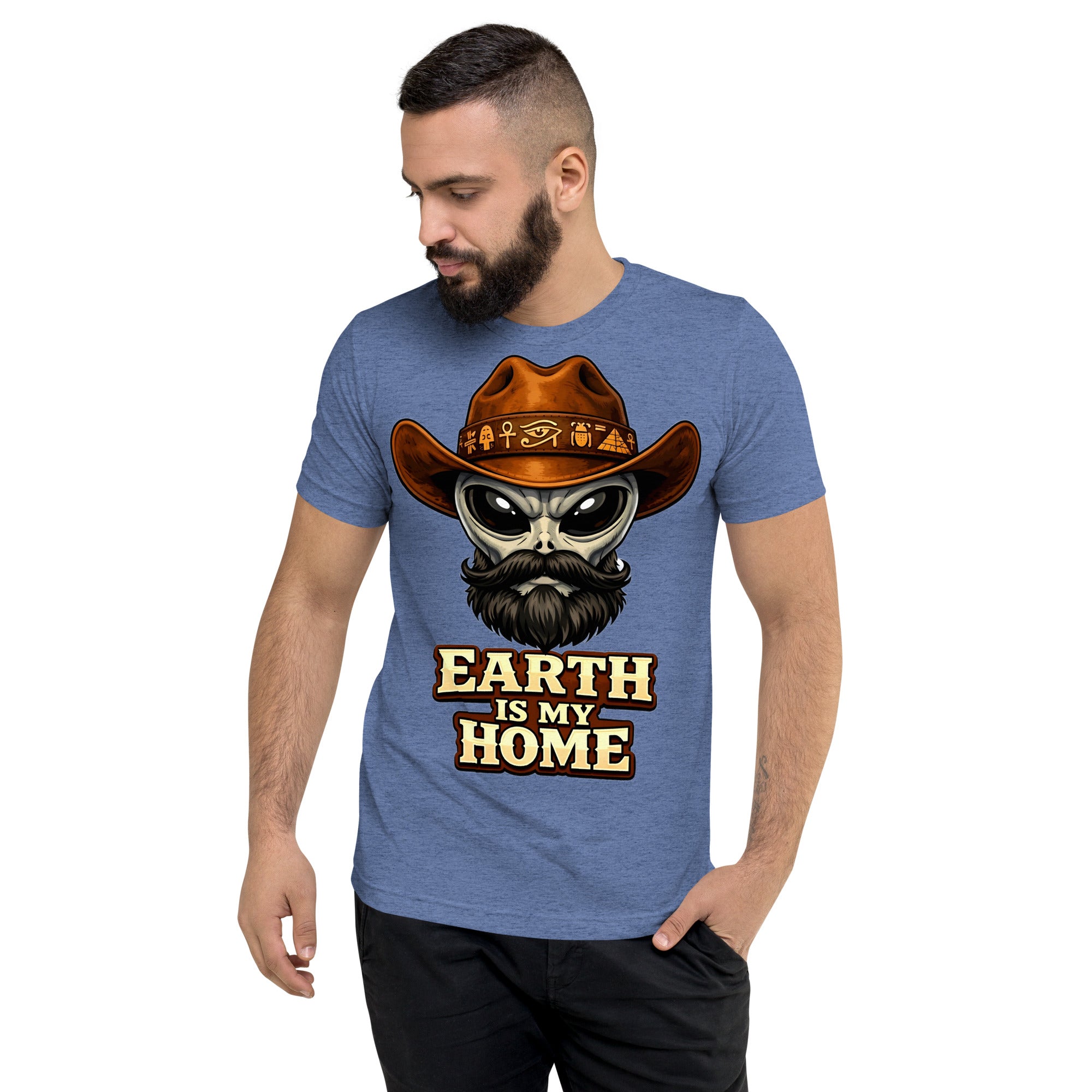 Short sleeve t-shirt - "Earth Is My Home" Alien Cowboy Graphic Tee – Ancient Egyptian Sci-Fi Tri-Blend T-Shirt by printfluence.net
