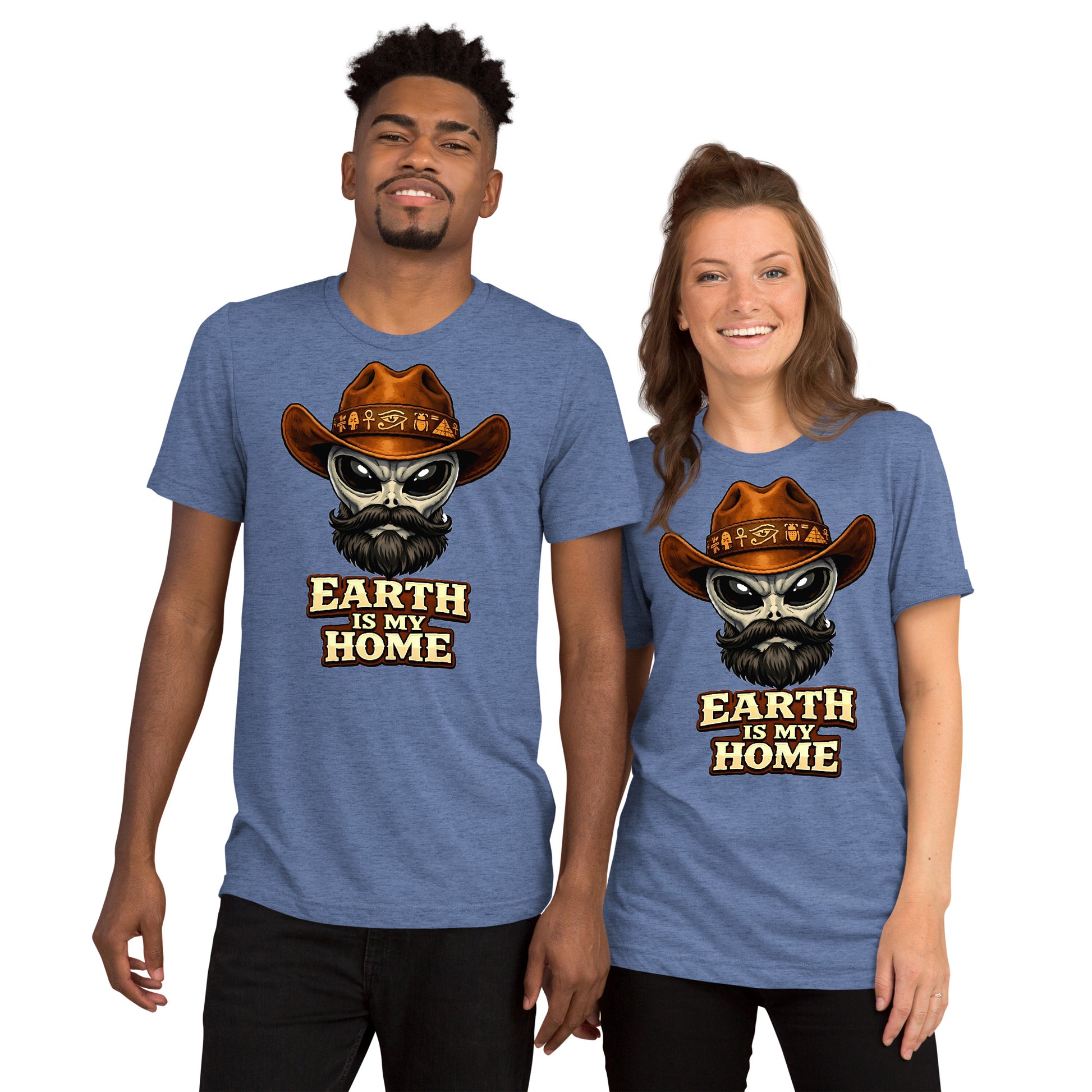 Short sleeve t-shirt - "Earth Is My Home" Alien Cowboy Graphic Tee – Ancient Egyptian Sci-Fi Tri-Blend T-Shirt by printfluence.net