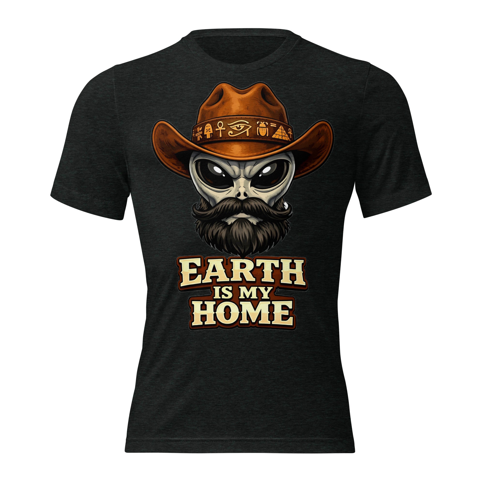 Short sleeve t-shirt - "Earth Is My Home" Alien Cowboy Graphic Tee – Ancient Egyptian Sci-Fi Tri-Blend T-Shirt by printfluence.net