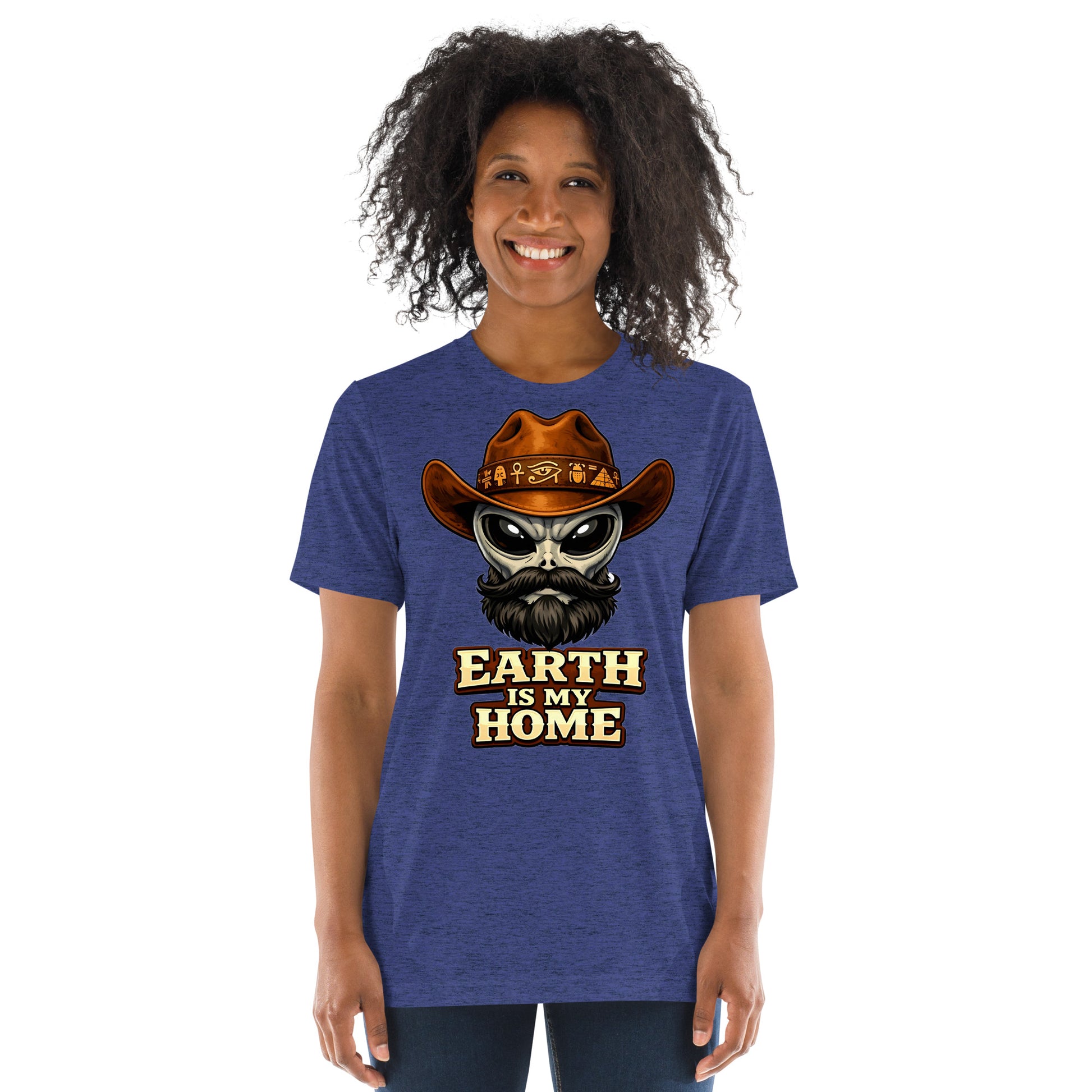 Short sleeve t-shirt - "Earth Is My Home" Alien Cowboy Graphic Tee – Ancient Egyptian Sci-Fi Tri-Blend T-Shirt by printfluence.net