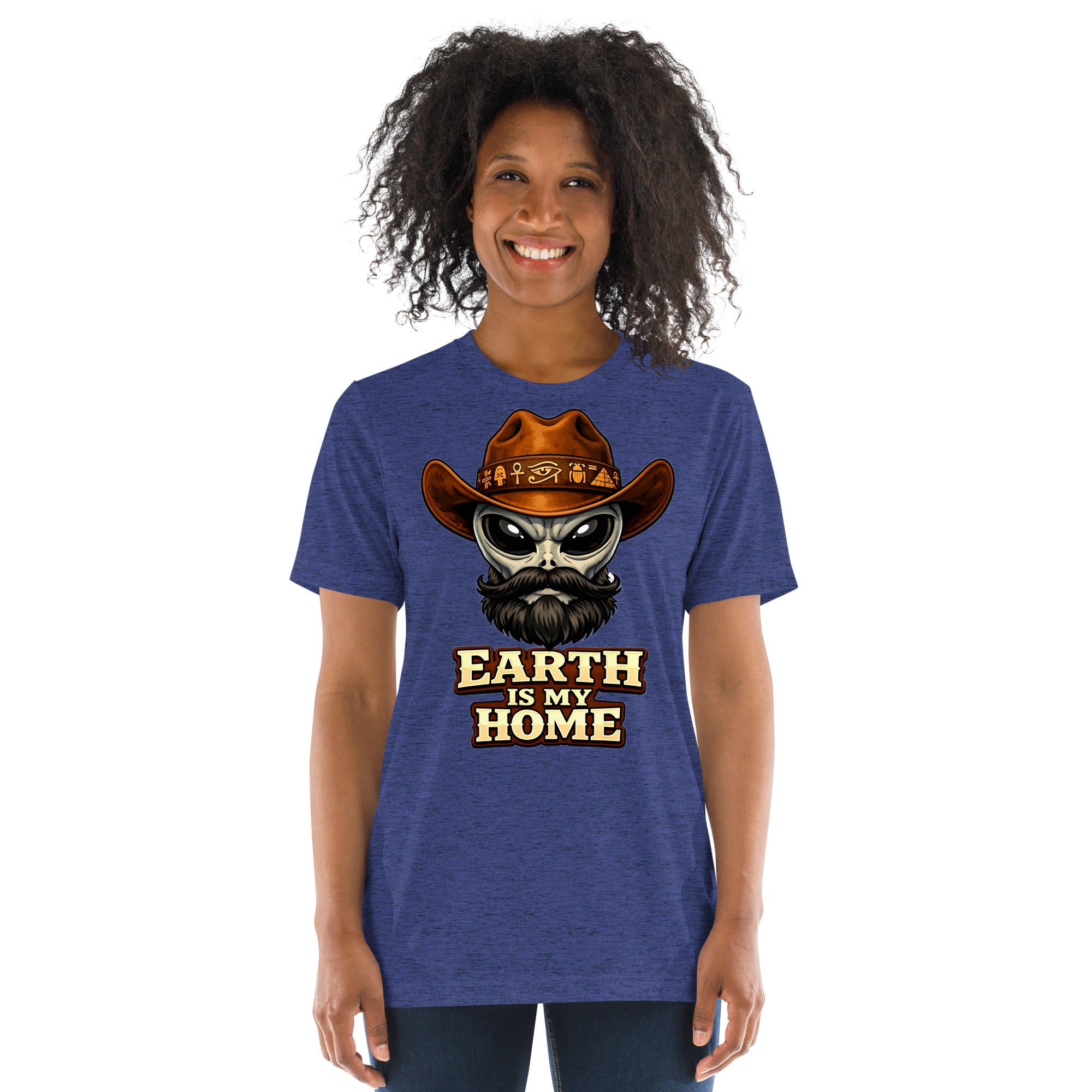 Short sleeve t-shirt - "Earth Is My Home" Alien Cowboy Graphic Tee – Ancient Egyptian Sci-Fi Tri-Blend T-Shirt by printfluence.net