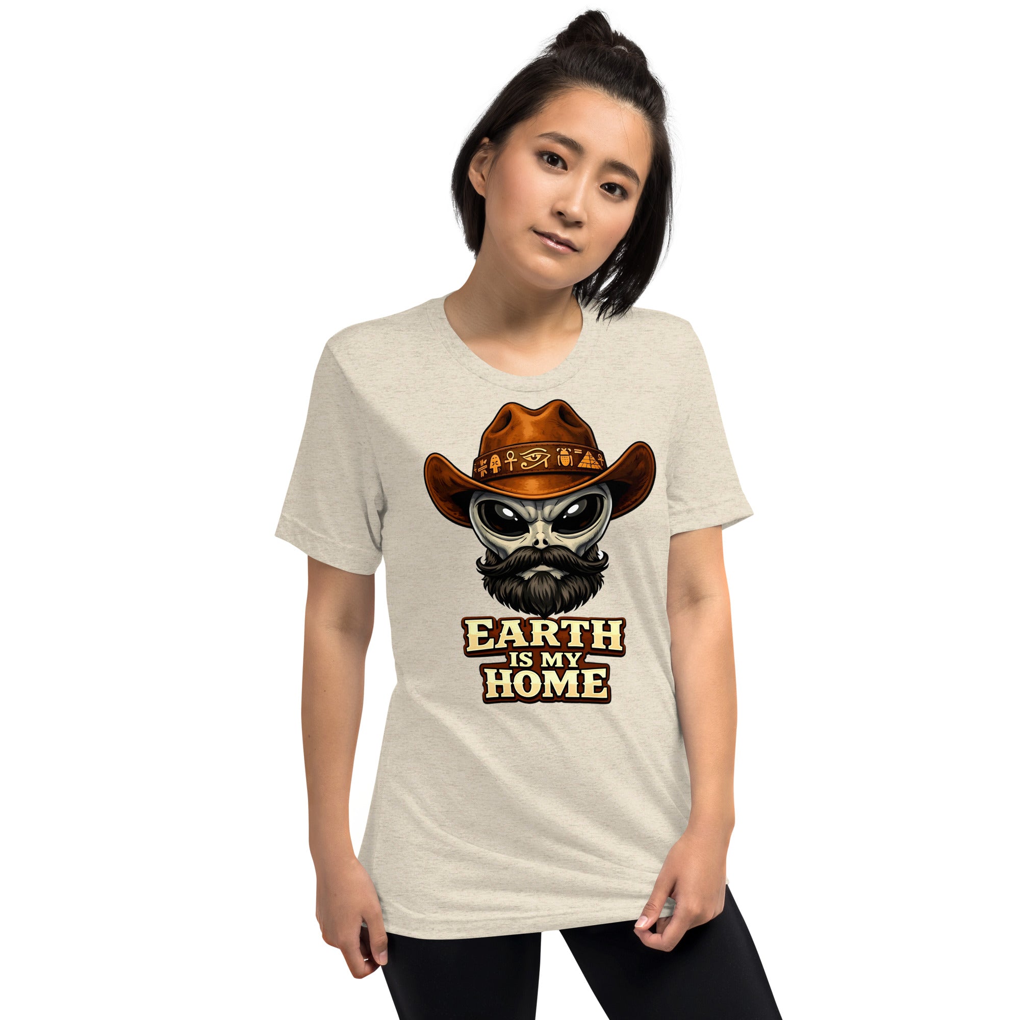 Short sleeve t-shirt - "Earth Is My Home" Alien Cowboy Graphic Tee – Ancient Egyptian Sci-Fi Tri-Blend T-Shirt by printfluence.net