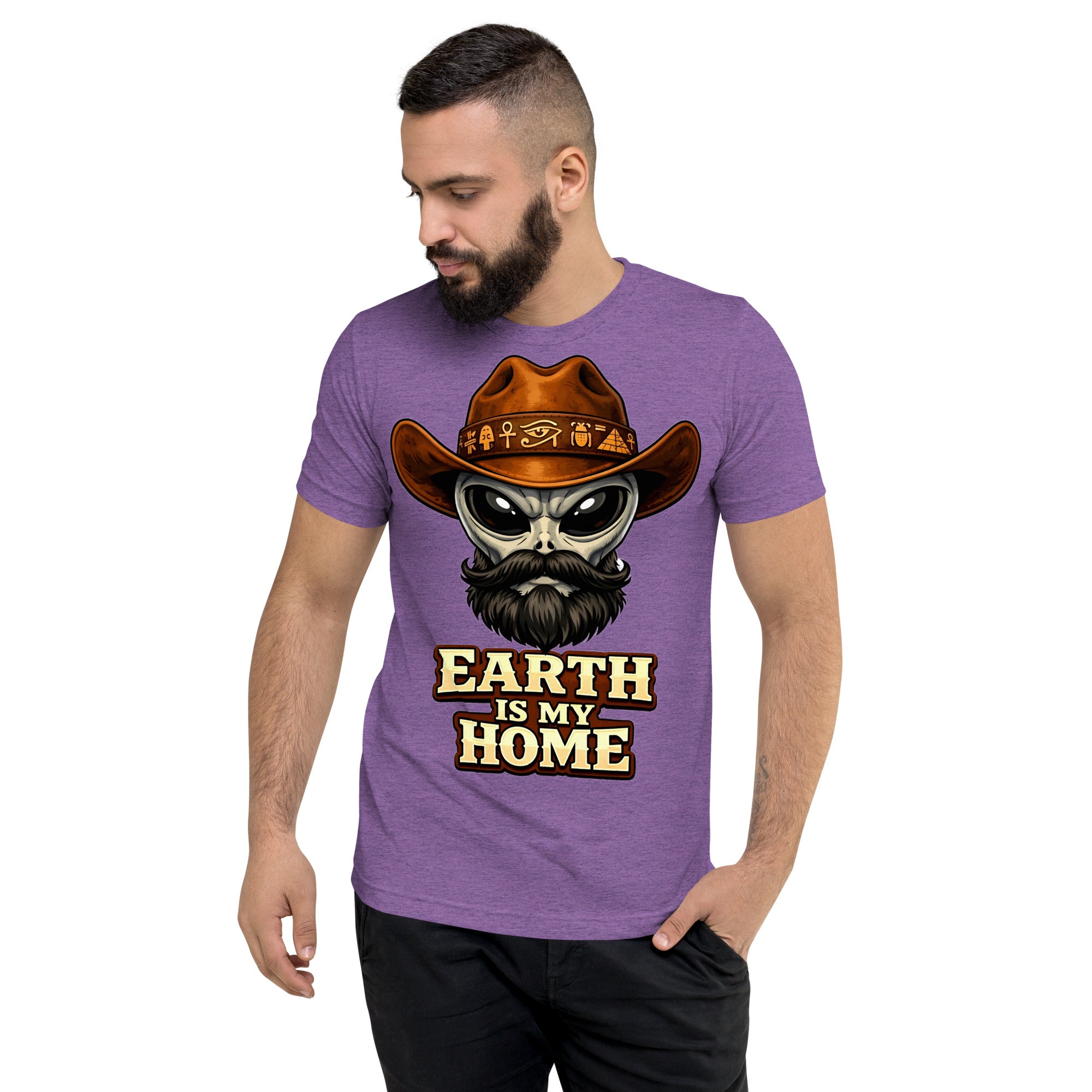Short sleeve t-shirt - "Earth Is My Home" Alien Cowboy Graphic Tee – Ancient Egyptian Sci-Fi Tri-Blend T-Shirt by printfluence.net
