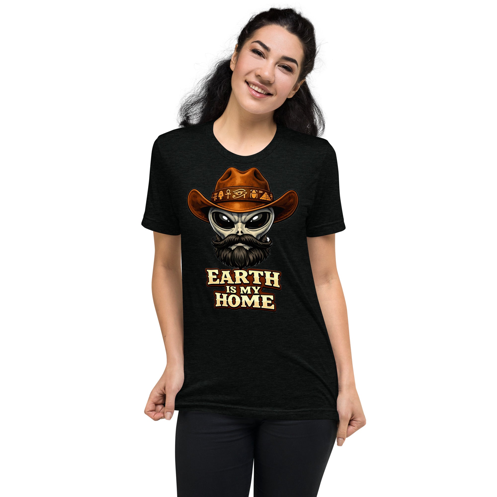 Short sleeve t-shirt - "Earth Is My Home" Alien Cowboy Graphic Tee – Ancient Egyptian Sci-Fi Tri-Blend T-Shirt by printfluence.net