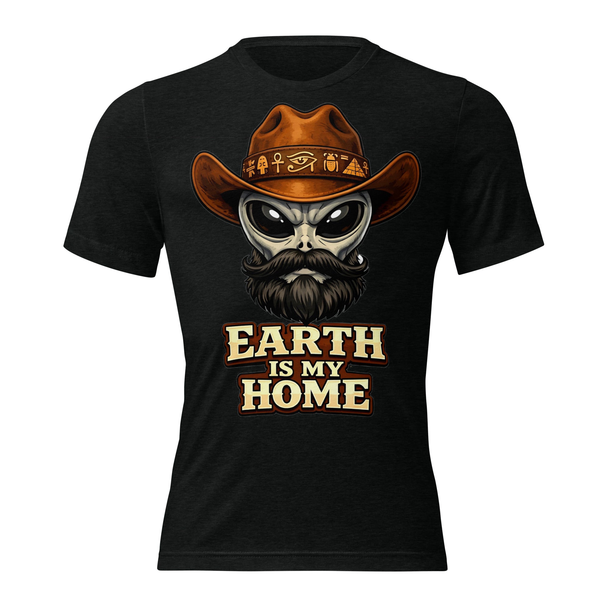 Short sleeve t-shirt - "Earth Is My Home" Alien Cowboy Graphic Tee – Ancient Egyptian Sci-Fi Tri-Blend T-Shirt by printfluence.net