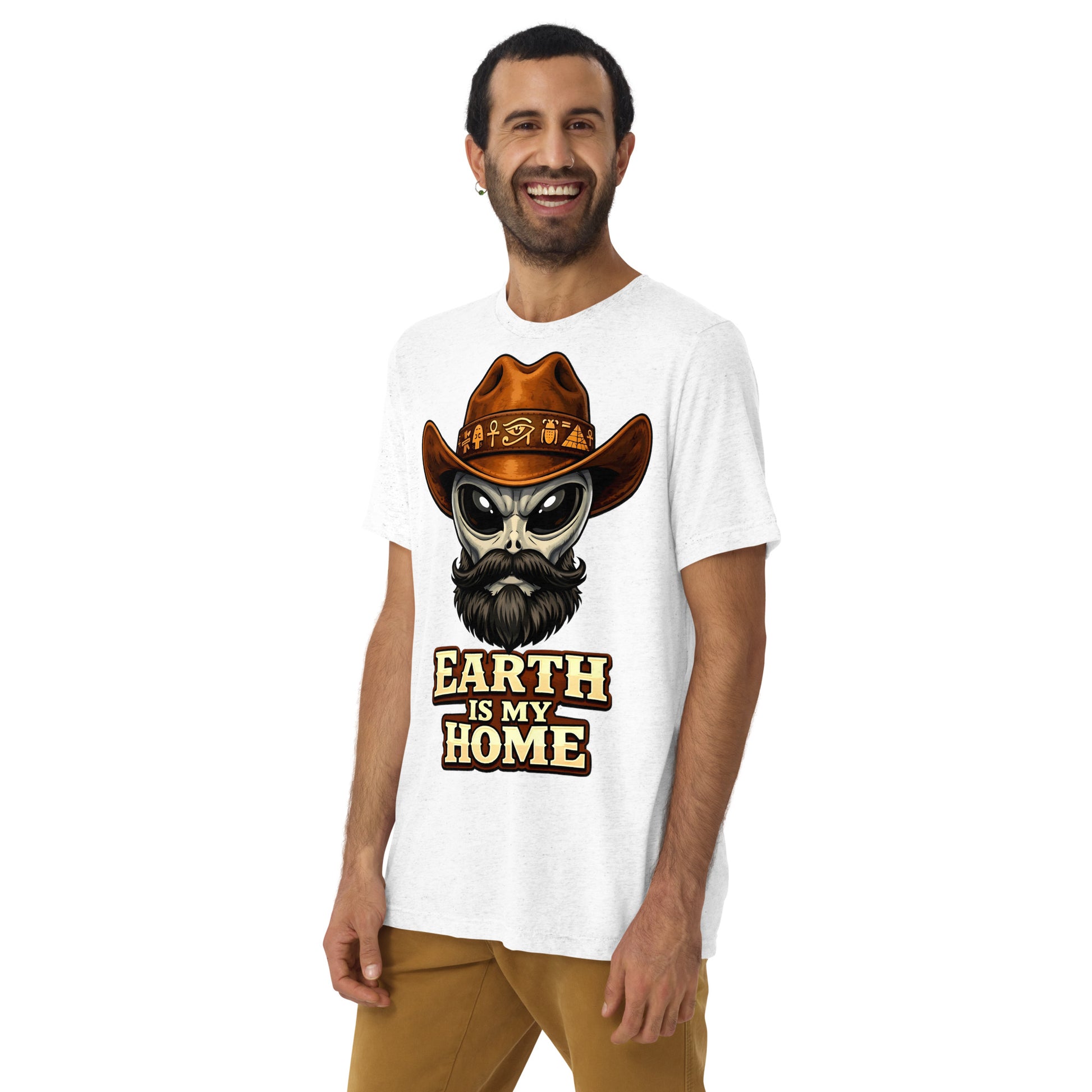 Short sleeve t-shirt - "Earth Is My Home" Alien Cowboy Graphic Tee – Ancient Egyptian Sci-Fi Tri-Blend T-Shirt by printfluence.net