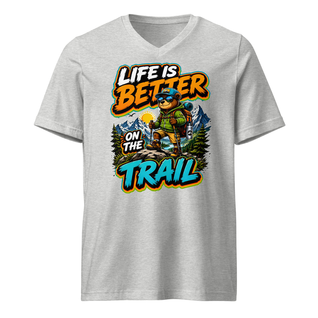 Unisex Short Sleeve V-Neck T-Shirt - Cool Hiking Bear Trail Adventure - Premium Mountain Wanderlust Design by printfluence.net