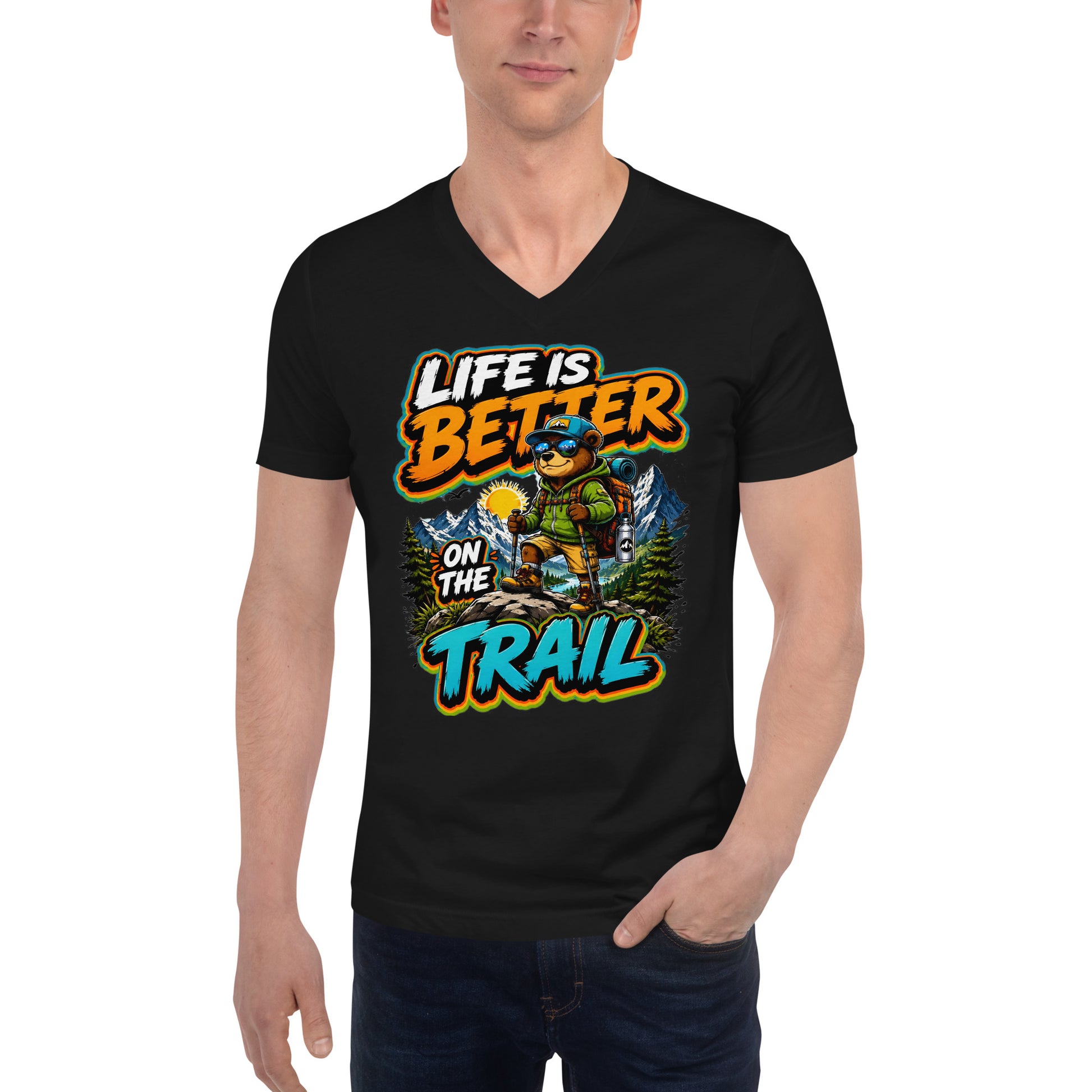 Unisex Short Sleeve V-Neck T-Shirt - Cool Hiking Bear Trail Adventure - Premium Mountain Wanderlust Design by printfluence.net