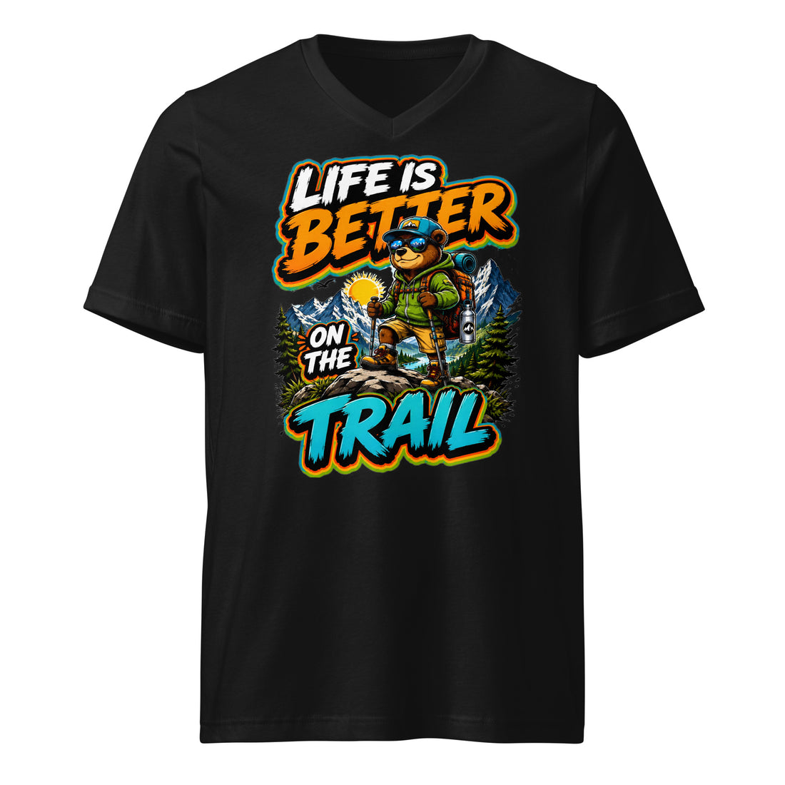 Unisex Short Sleeve V-Neck T-Shirt - Cool Hiking Bear Trail Adventure - Premium Mountain Wanderlust Design by printfluence.net