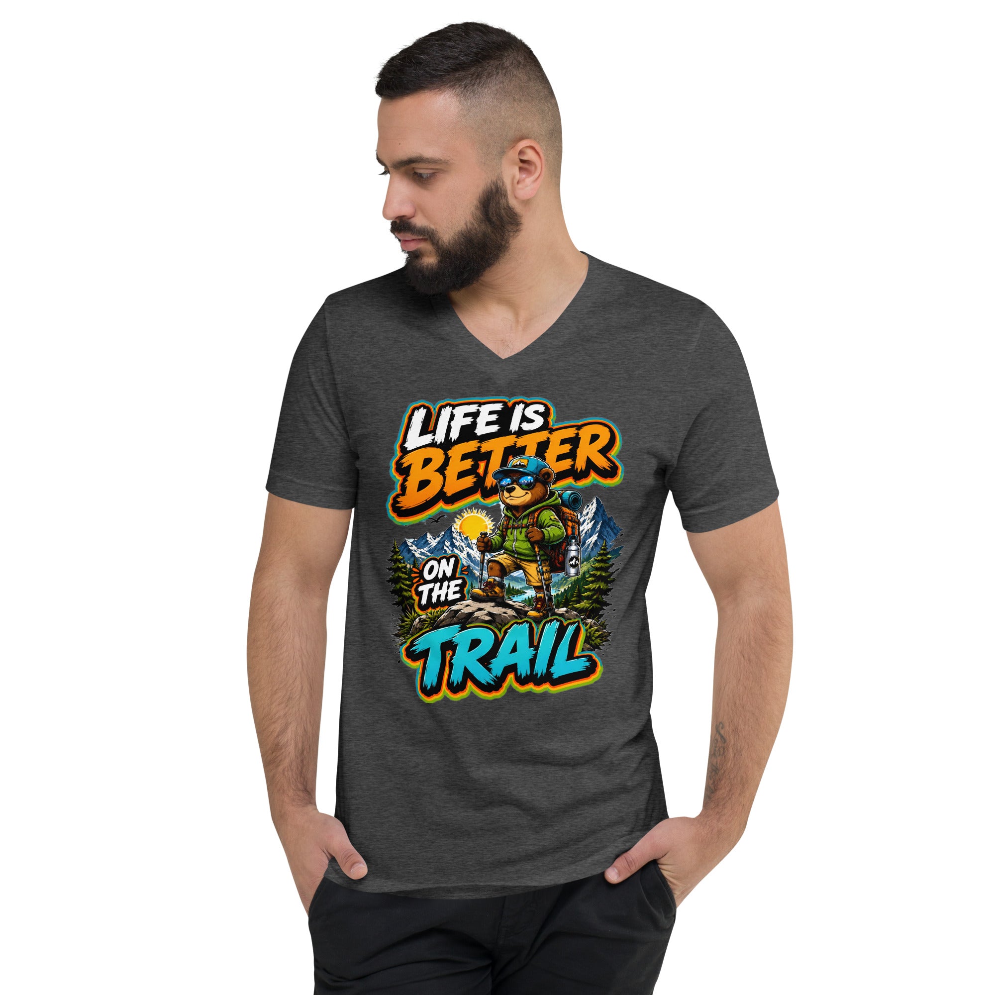 Unisex Short Sleeve V-Neck T-Shirt - Cool Hiking Bear Trail Adventure - Premium Mountain Wanderlust Design by printfluence.net