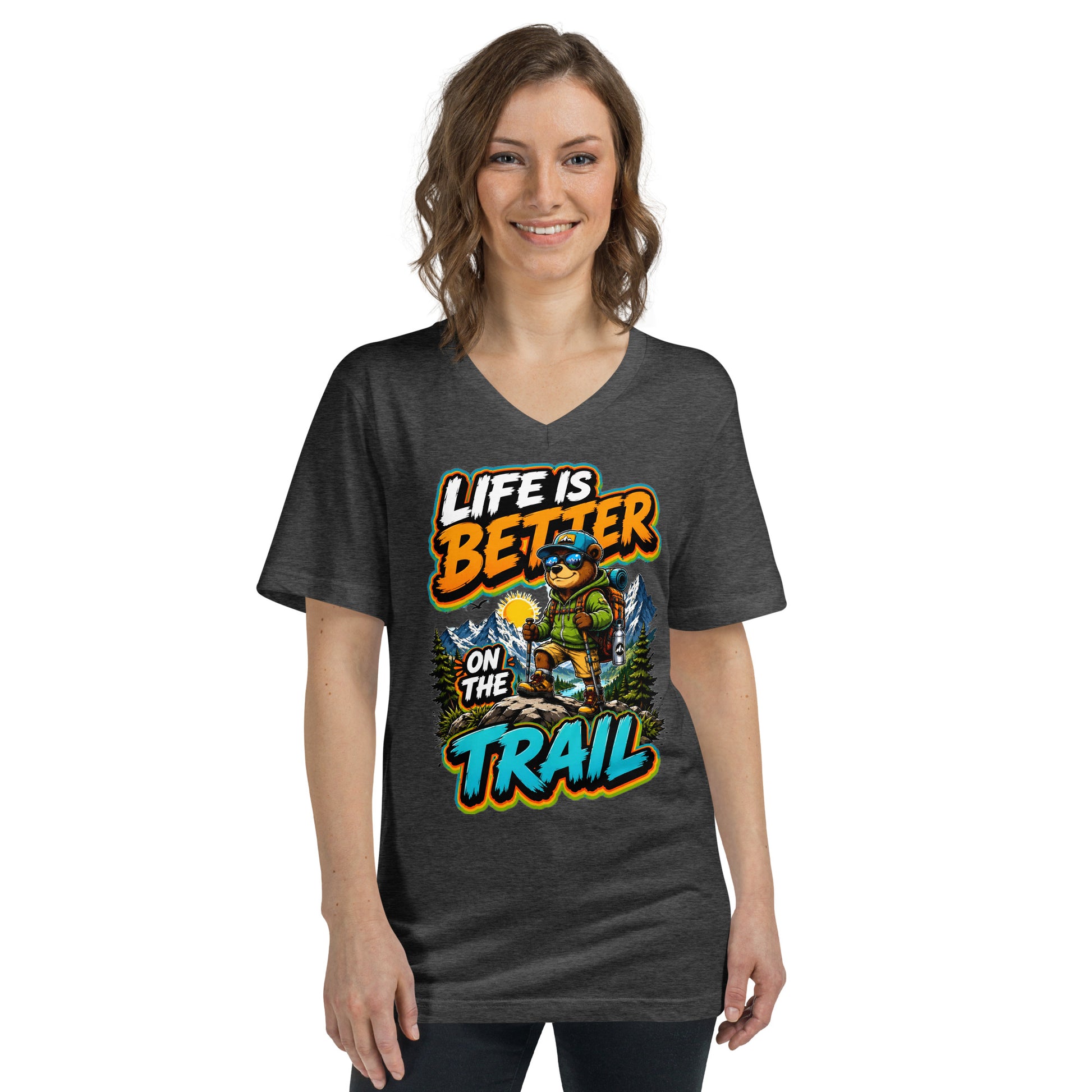 Unisex Short Sleeve V-Neck T-Shirt - Cool Hiking Bear Trail Adventure - Premium Mountain Wanderlust Design by printfluence.net