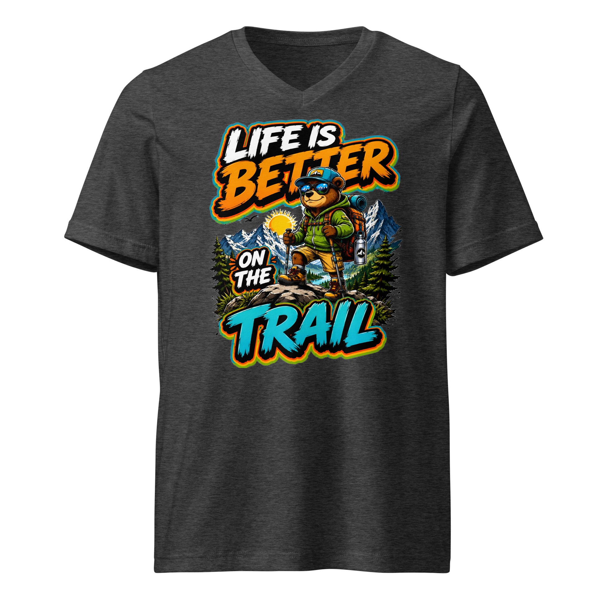 Unisex Short Sleeve V-Neck T-Shirt - Cool Hiking Bear Trail Adventure - Premium Mountain Wanderlust Design by printfluence.net