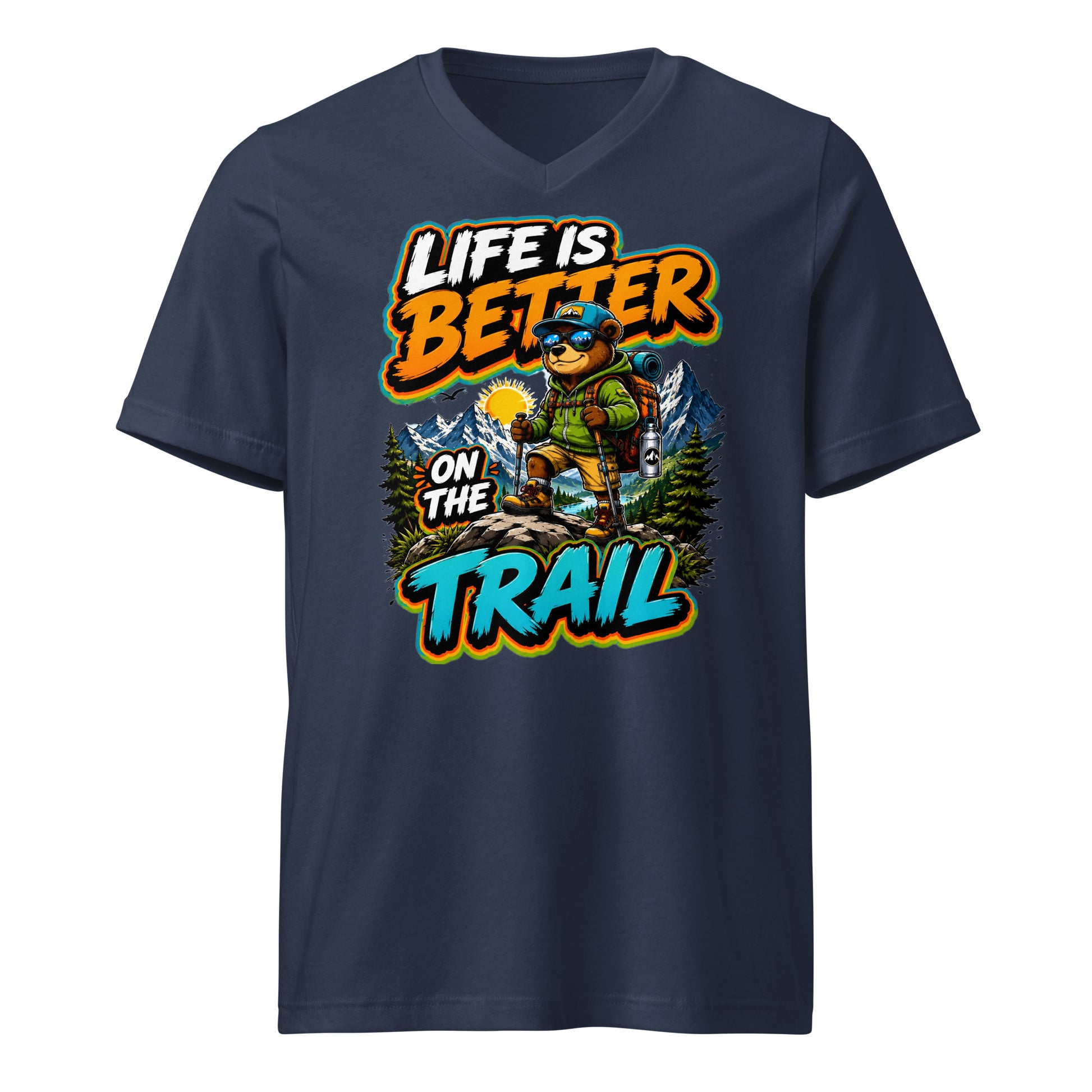 Unisex Short Sleeve V-Neck T-Shirt - Cool Hiking Bear Trail Adventure - Premium Mountain Wanderlust Design by printfluence.net