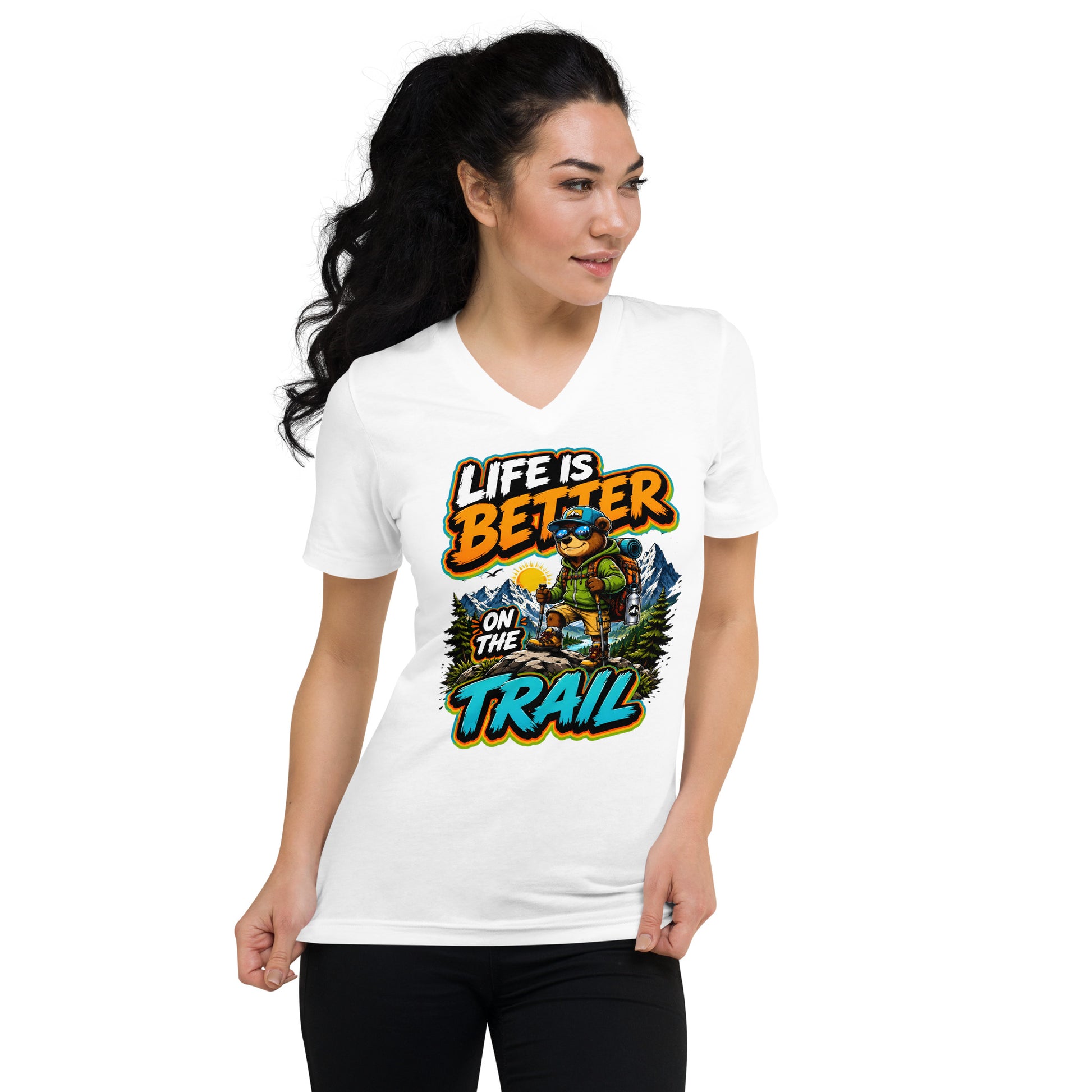 Unisex Short Sleeve V-Neck T-Shirt - Cool Hiking Bear Trail Adventure - Premium Mountain Wanderlust Design by printfluence.net