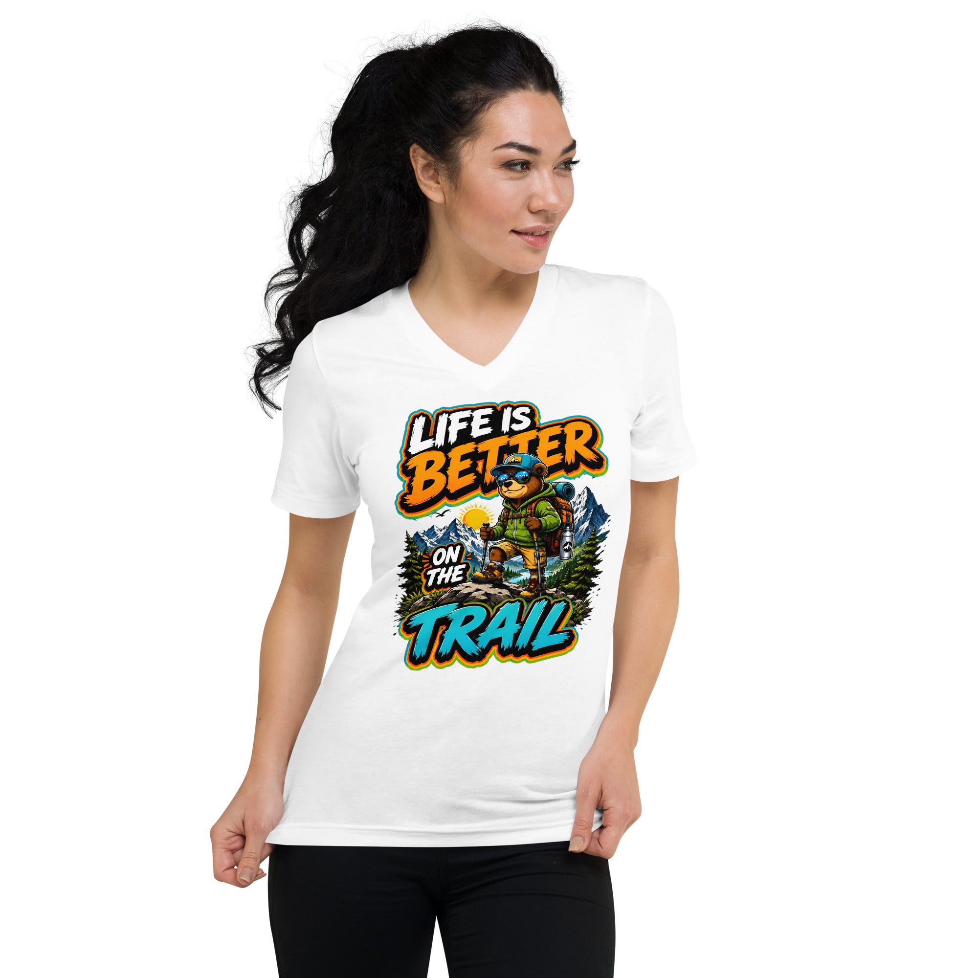 Unisex Short Sleeve V-Neck T-Shirt - Cool Hiking Bear Trail Adventure - Premium Mountain Wanderlust Design by printfluence.net