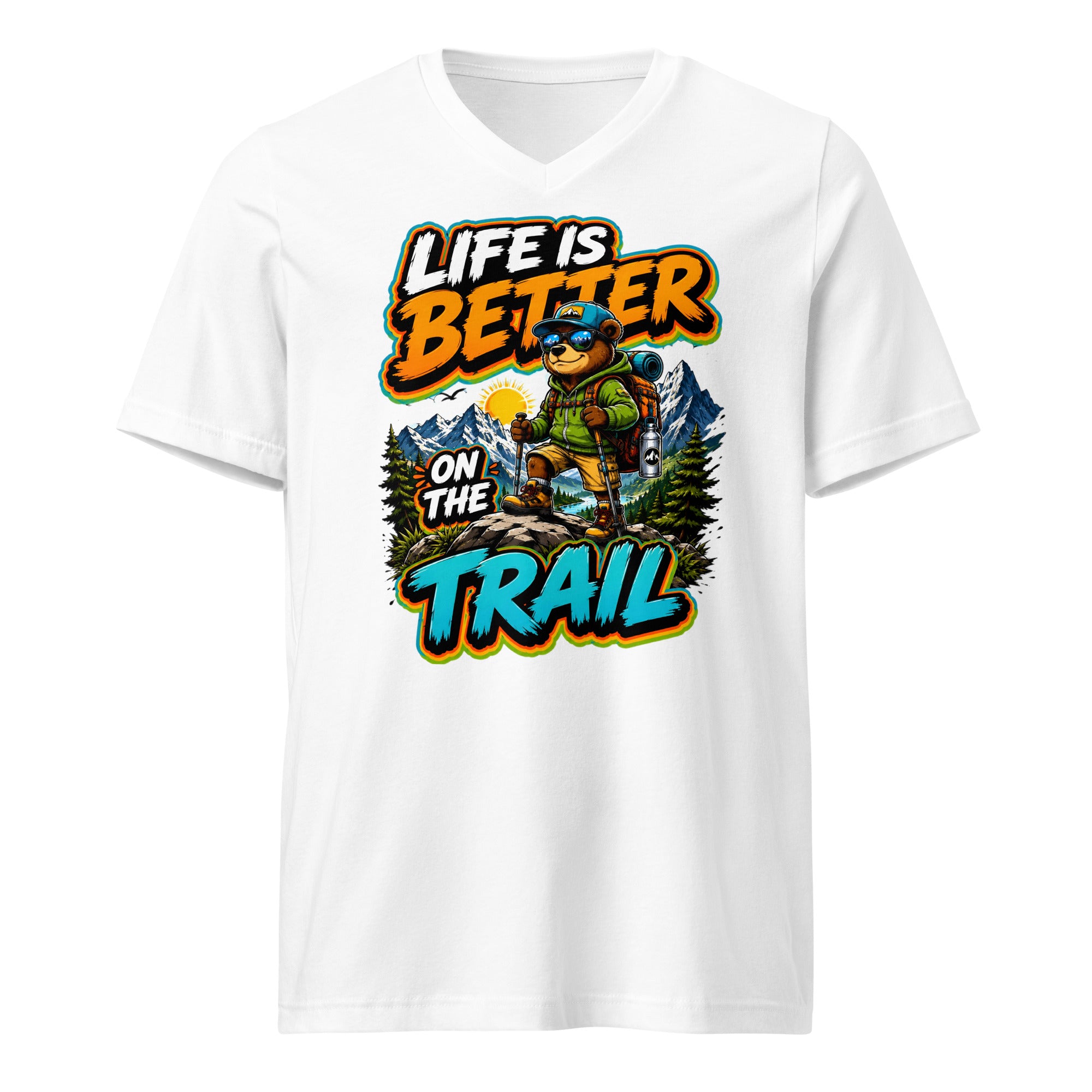 Unisex Short Sleeve V-Neck T-Shirt - Cool Hiking Bear Trail Adventure - Premium Mountain Wanderlust Design by printfluence.net