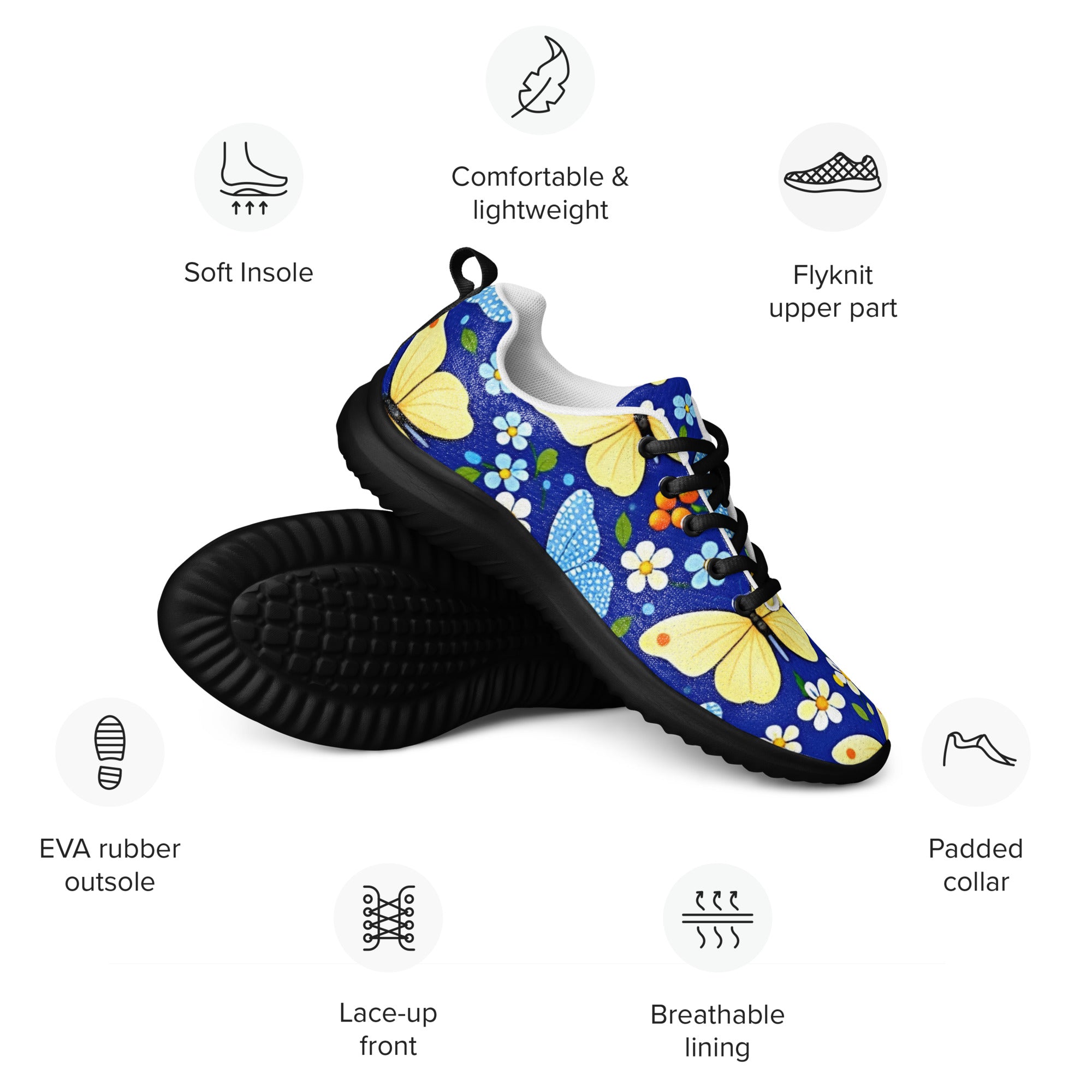 Women’s athletic shoes - Butterfly Bloom Athletic Shoes – Blue Yellow Floral Women's Sneakers by printfluence.net