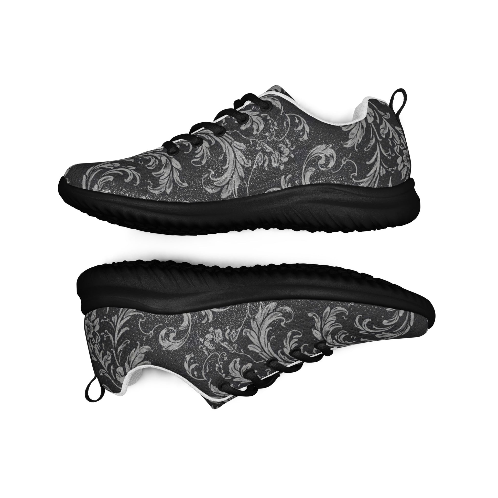 Women’s athletic shoes - Shadow Grid Athletic Shoes – Women's Gray Pattern Black Sneakers by printfluence.net