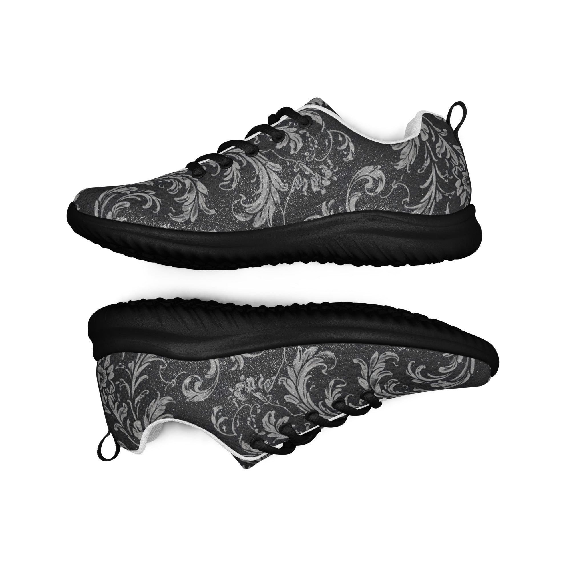 Women’s athletic shoes - Shadow Grid Athletic Shoes – Women's Gray Pattern Black Sneakers by printfluence.net