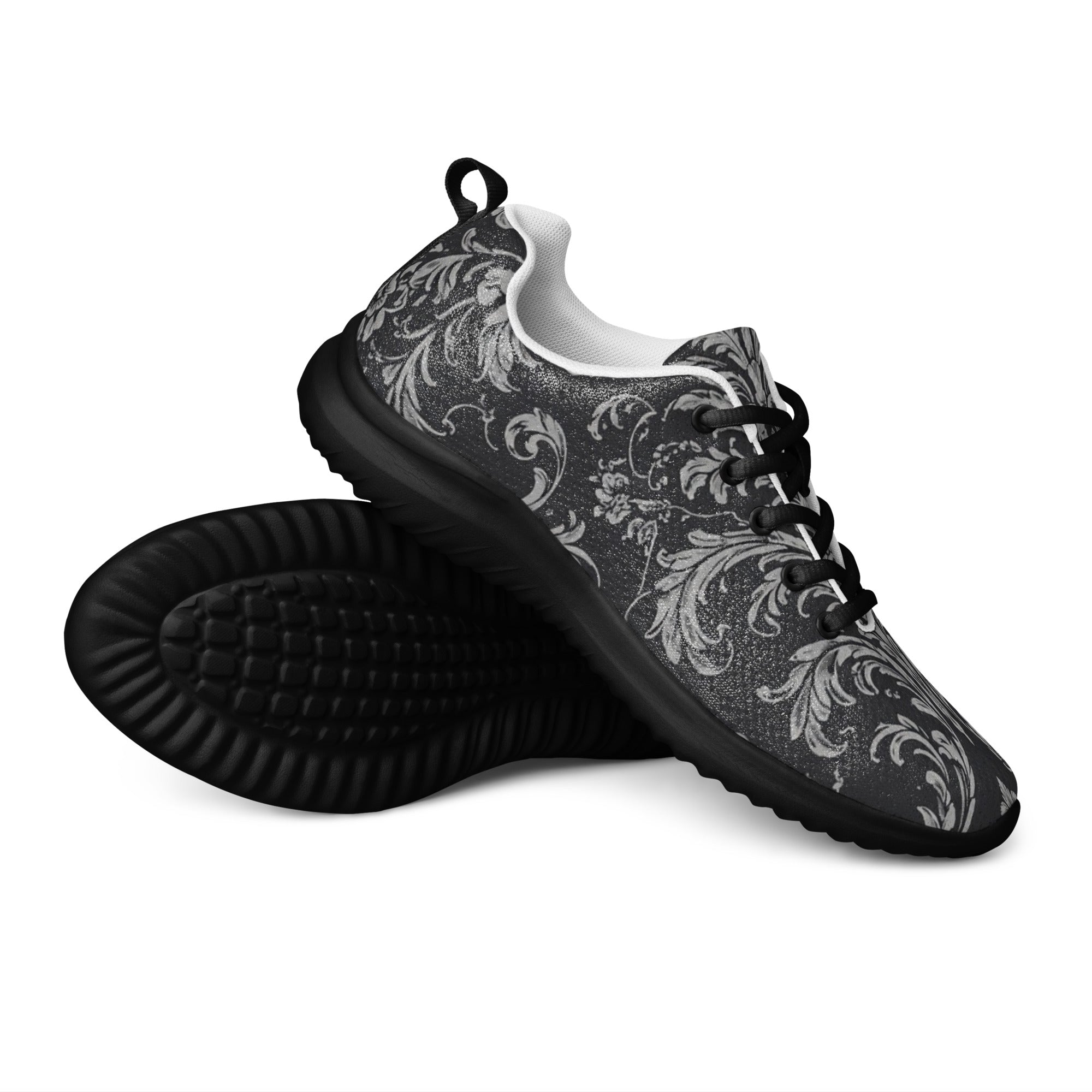 Women’s athletic shoes - Shadow Grid Athletic Shoes – Women's Gray Pattern Black Sneakers by printfluence.net
