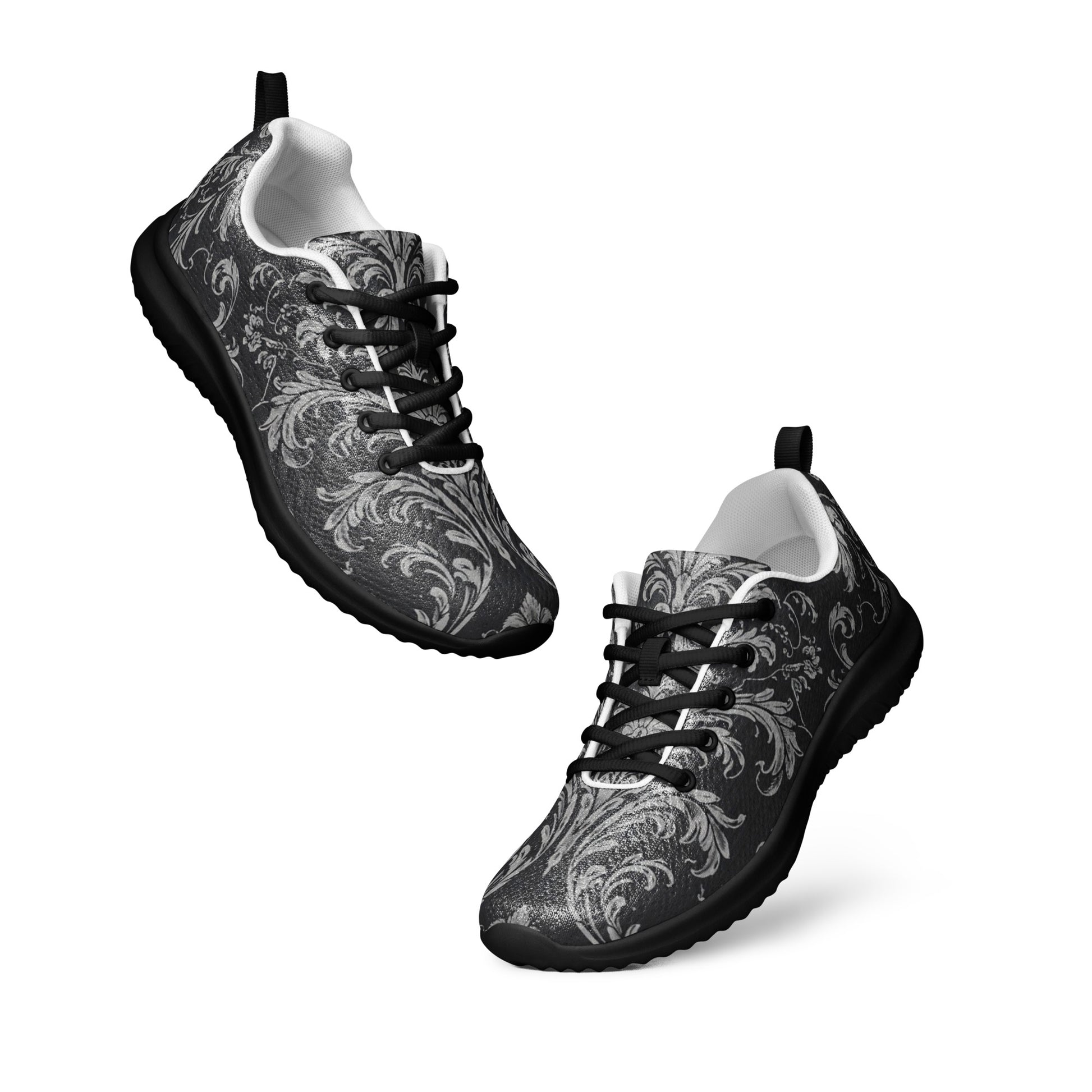 Women’s athletic shoes - Shadow Grid Athletic Shoes – Women's Gray Pattern Black Sneakers by printfluence.net