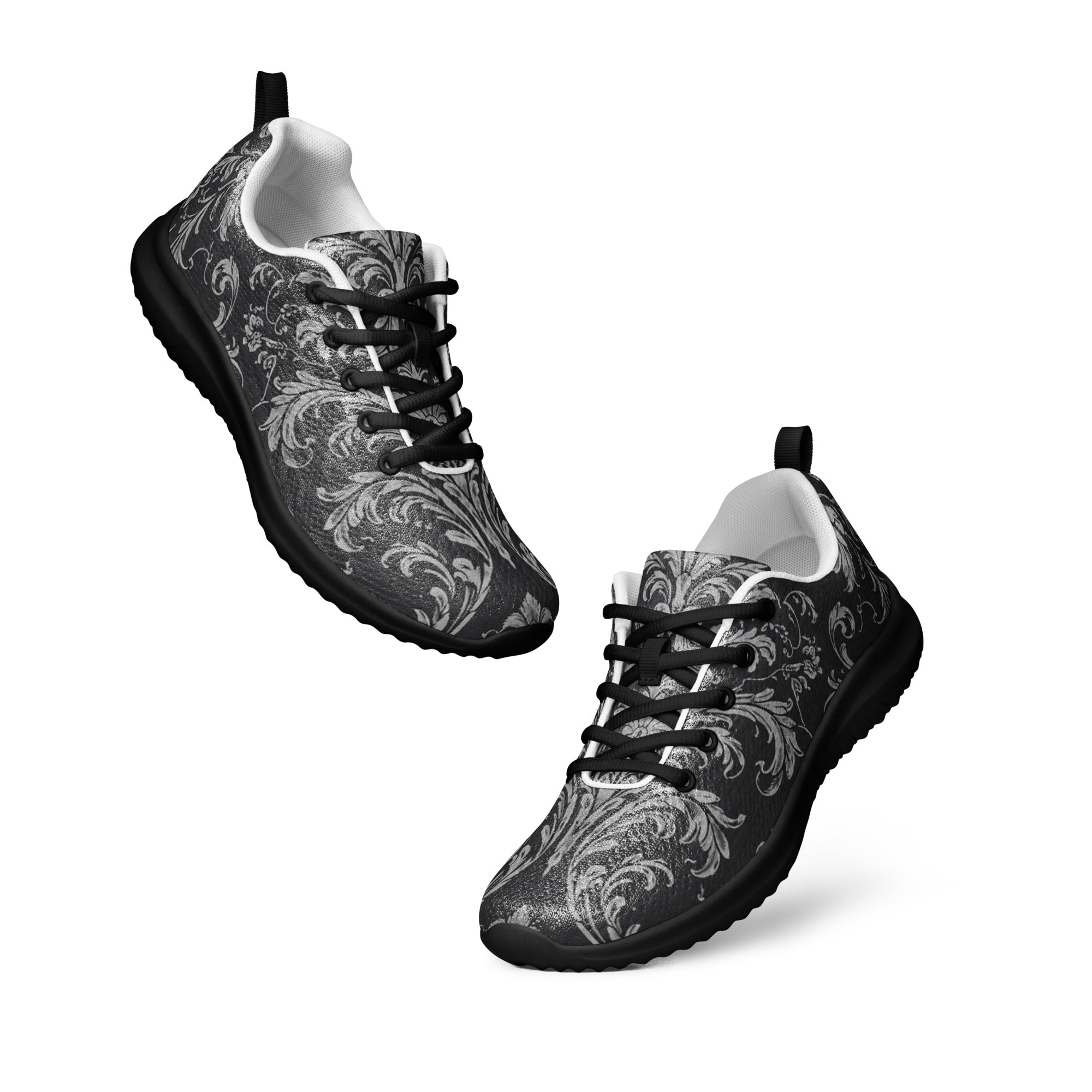 Women’s athletic shoes - Shadow Grid Athletic Shoes – Women's Gray Pattern Black Sneakers by printfluence.net