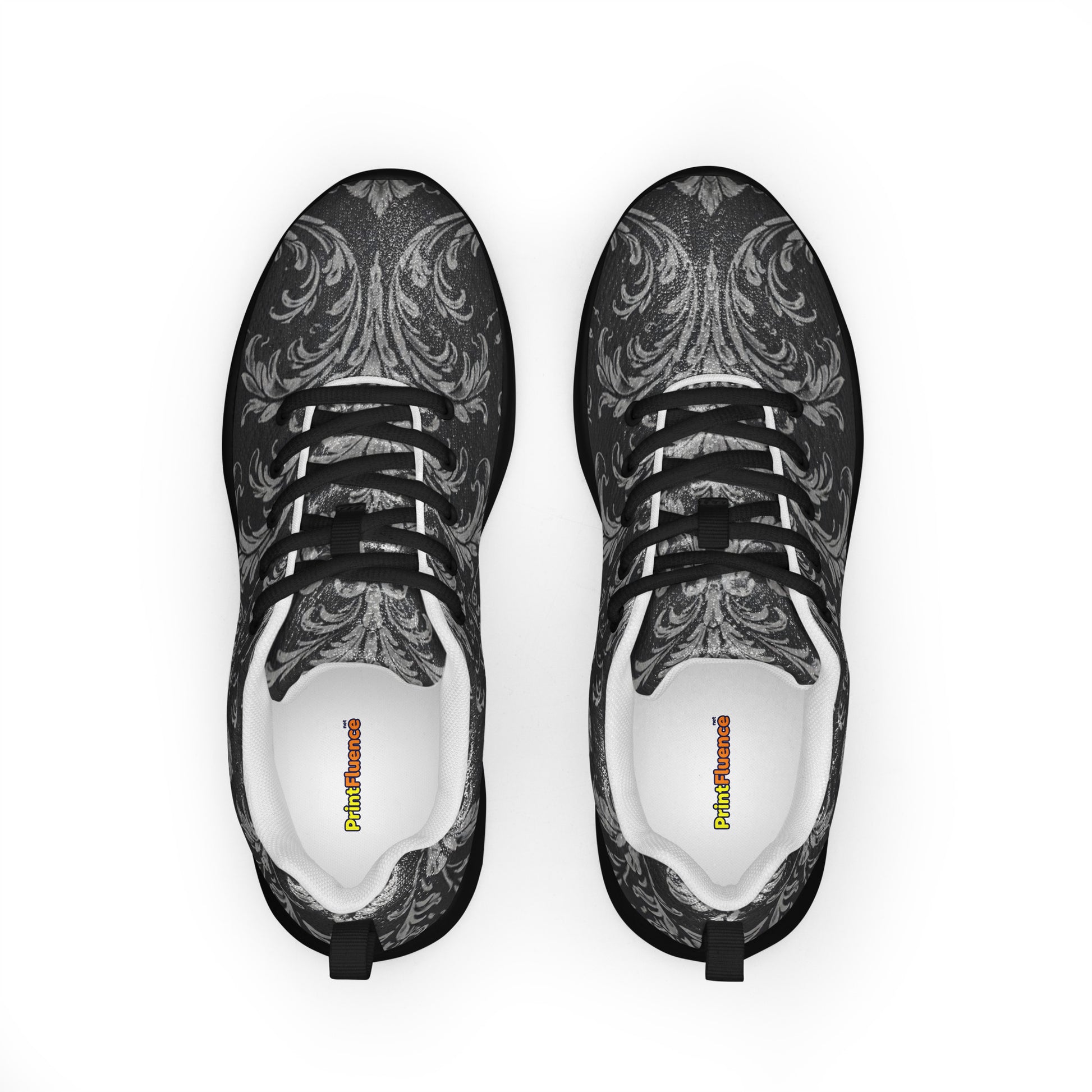 Women’s athletic shoes - Shadow Grid Athletic Shoes – Women's Gray Pattern Black Sneakers by printfluence.net
