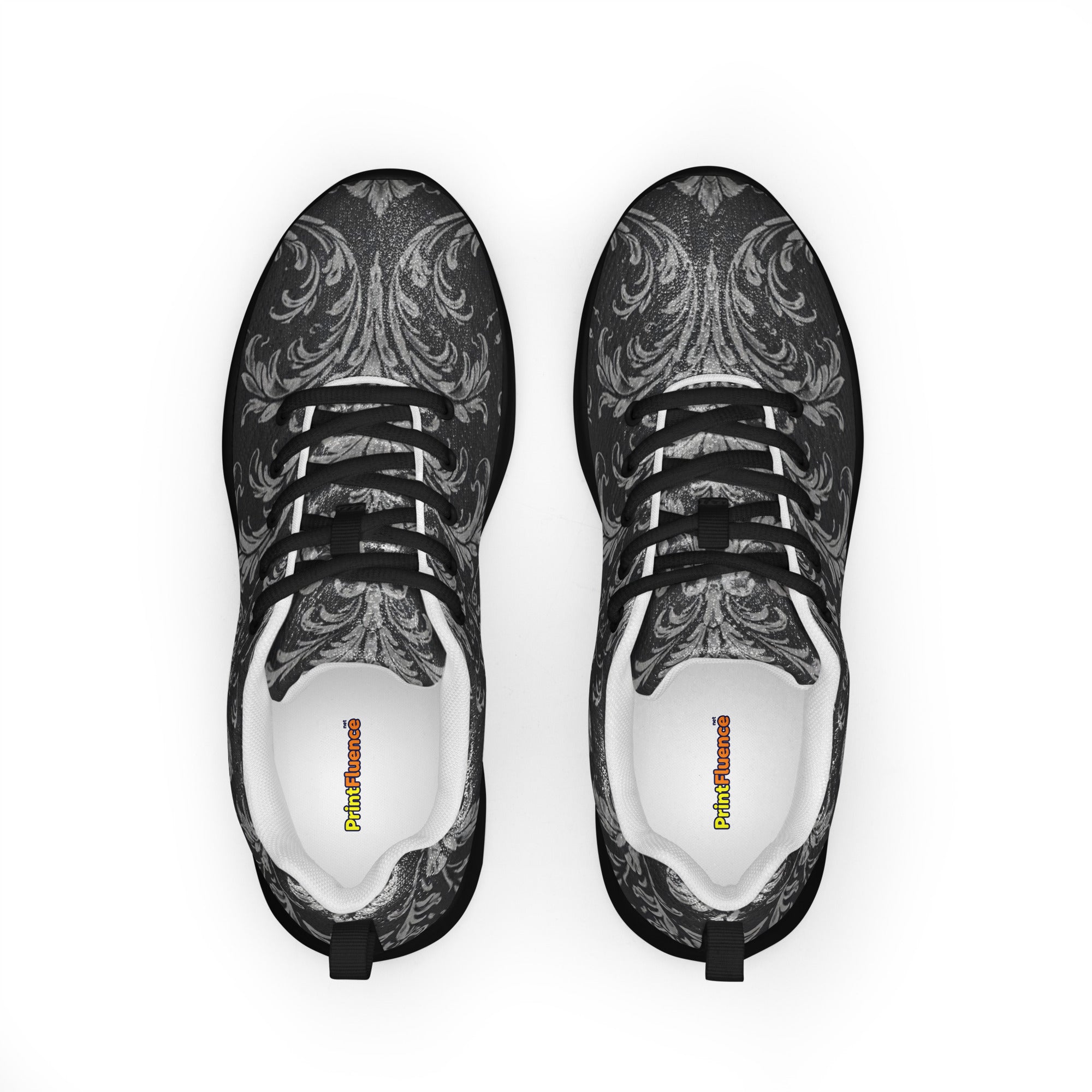 Women’s athletic shoes - Shadow Grid Athletic Shoes – Women's Gray Pattern Black Sneakers by printfluence.net