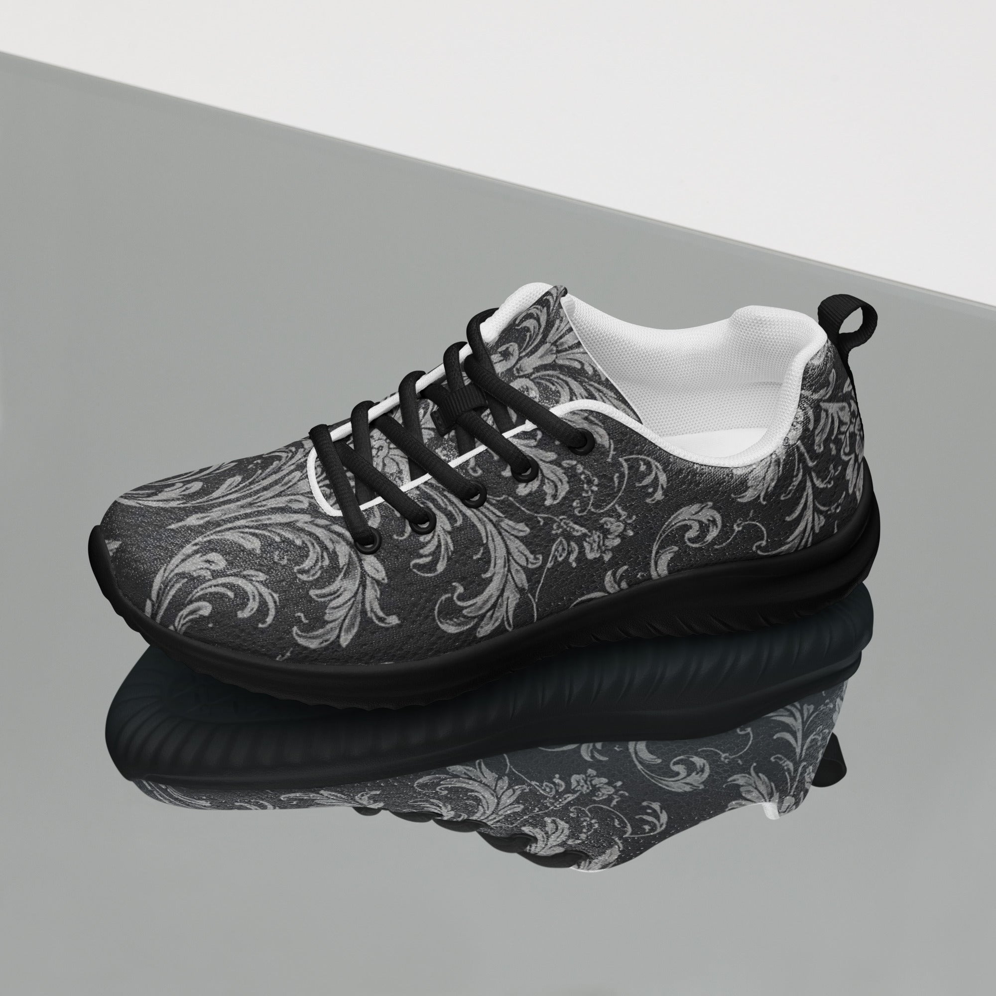 Women’s athletic shoes - Shadow Grid Athletic Shoes – Women's Gray Pattern Black Sneakers by printfluence.net