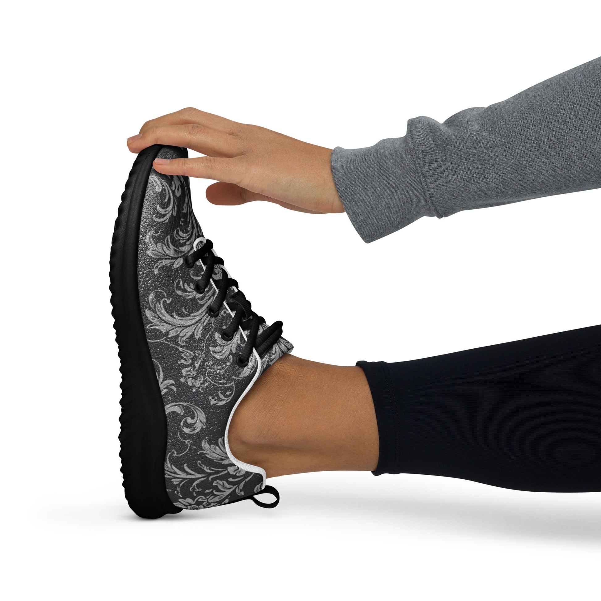 Women’s athletic shoes - Shadow Grid Athletic Shoes – Women's Gray Pattern Black Sneakers by printfluence.net