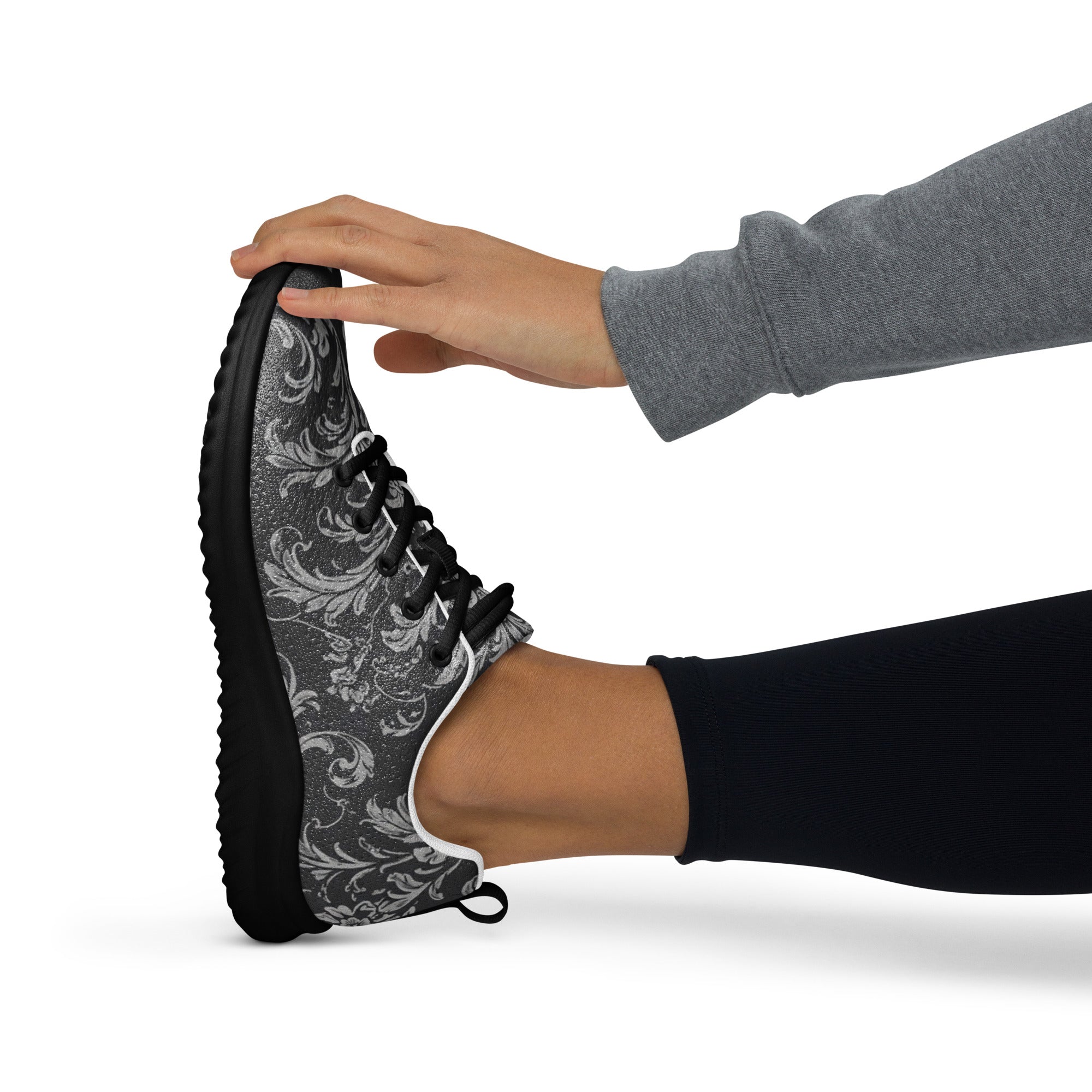 Women’s athletic shoes - Shadow Grid Athletic Shoes – Women's Gray Pattern Black Sneakers by printfluence.net