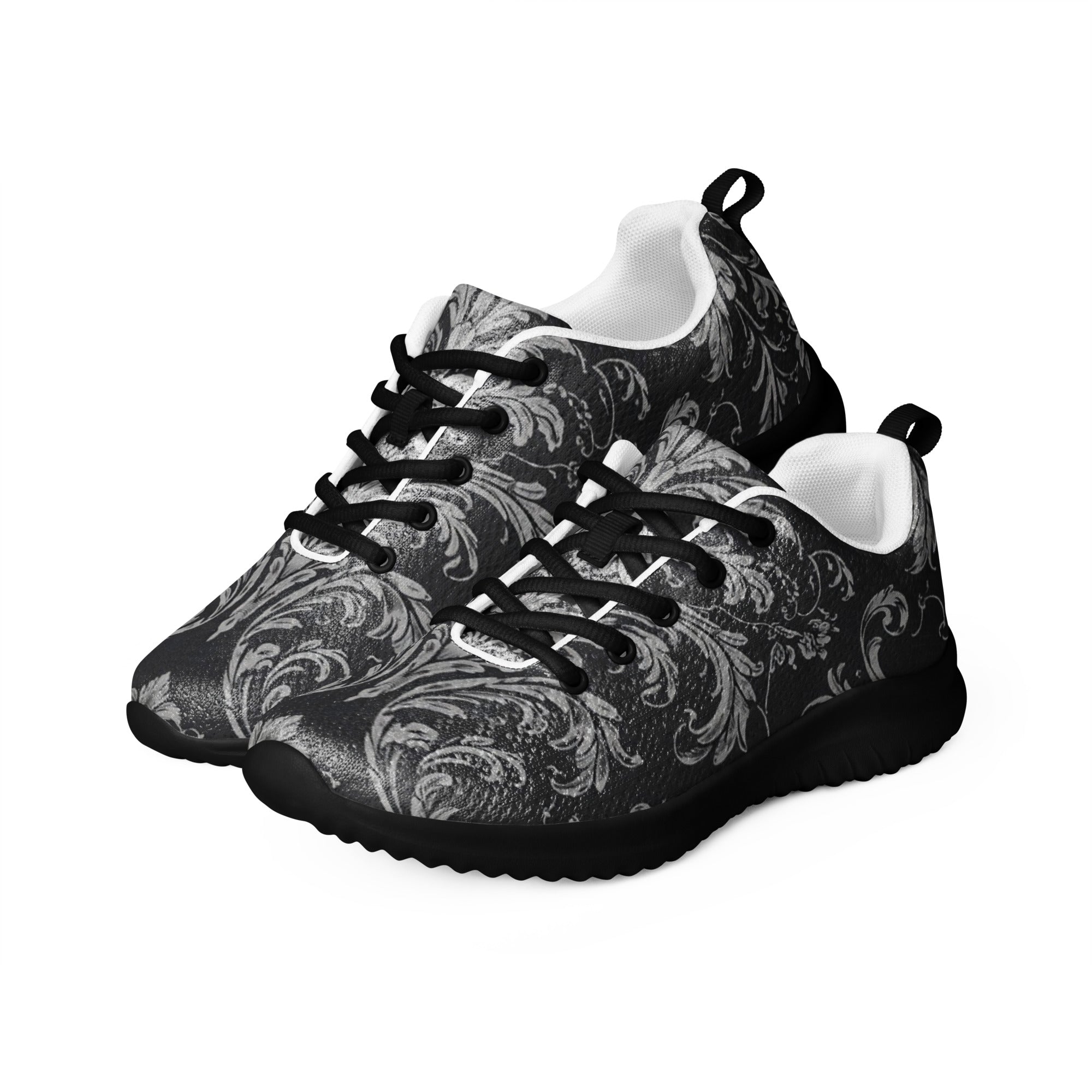 Women’s athletic shoes - Shadow Grid Athletic Shoes – Women's Gray Pattern Black Sneakers by printfluence.net