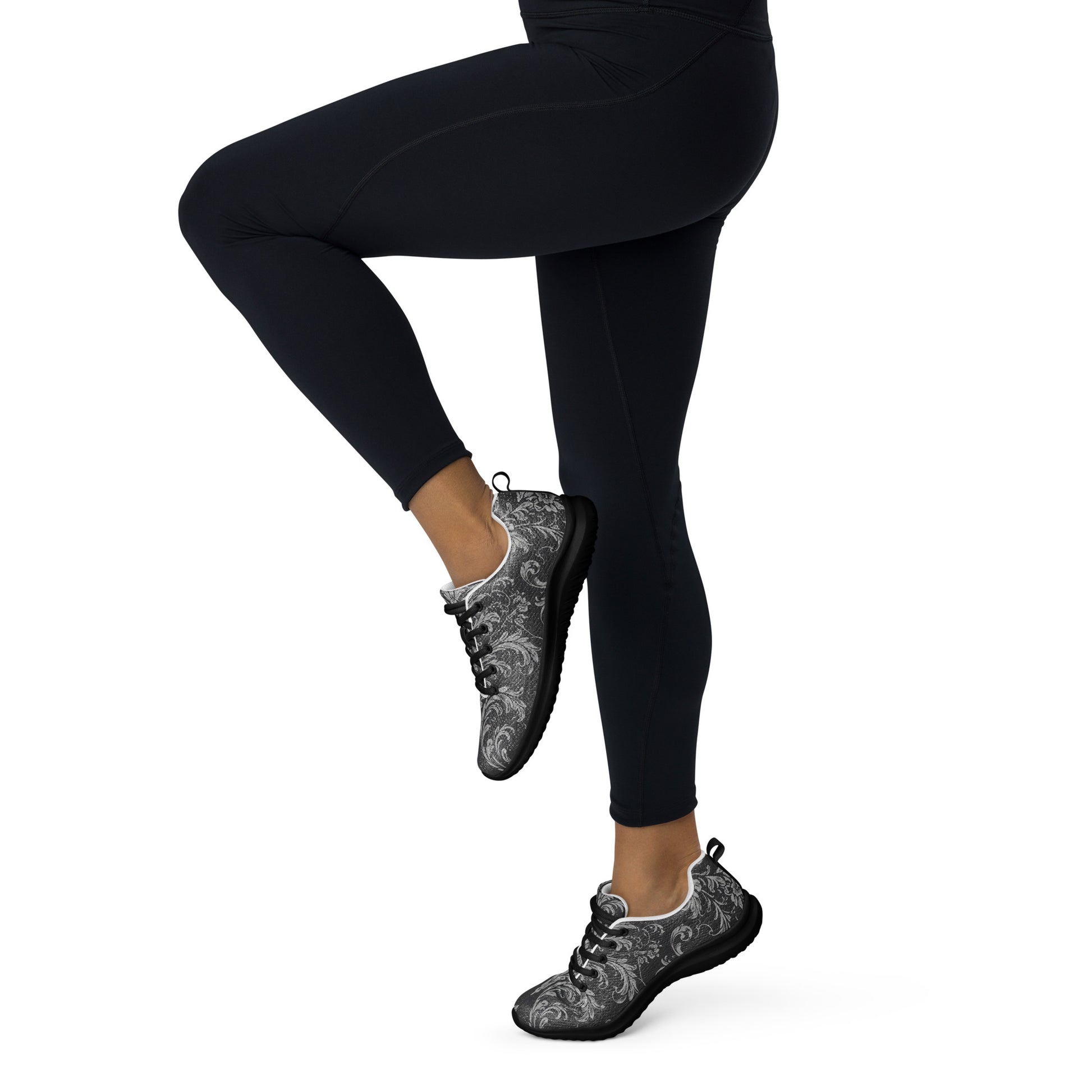 Women’s athletic shoes - Shadow Grid Athletic Shoes – Women's Gray Pattern Black Sneakers by printfluence.net