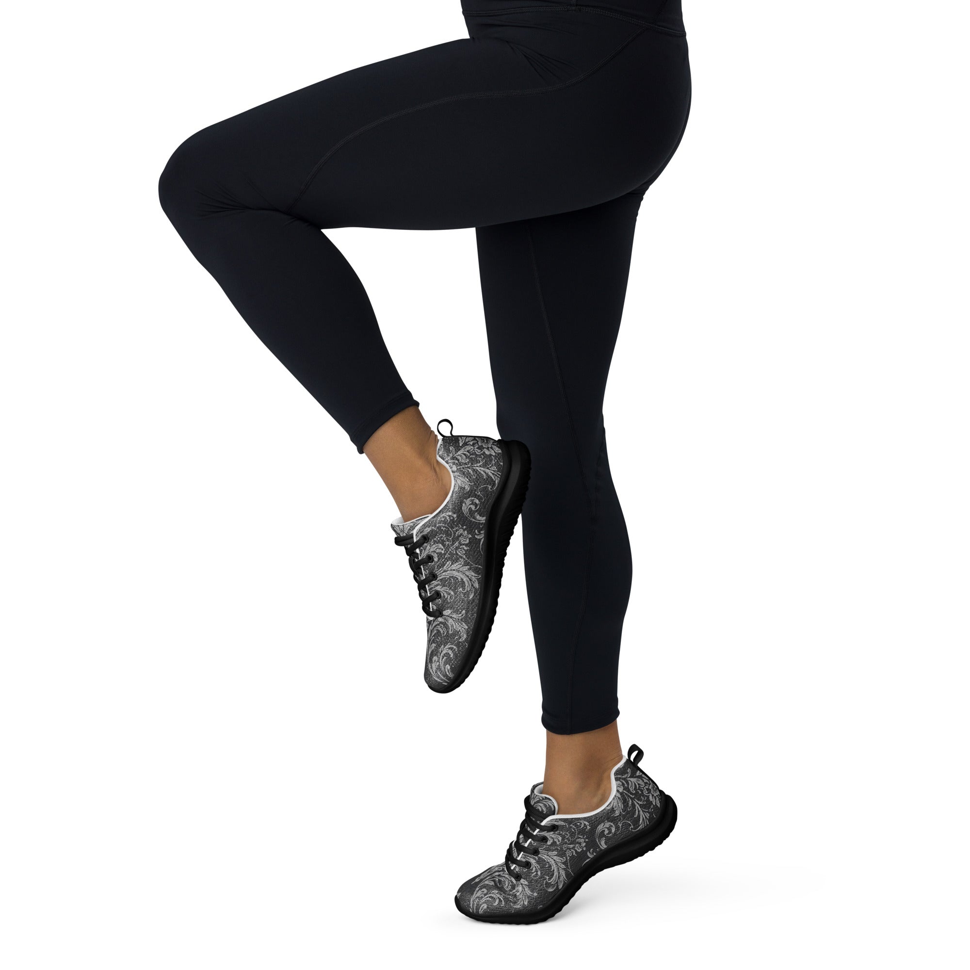 Women’s athletic shoes - Shadow Grid Athletic Shoes – Women's Gray Pattern Black Sneakers by printfluence.net