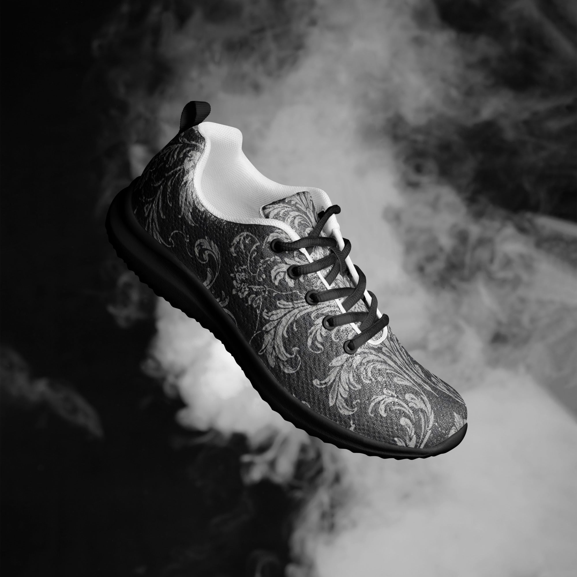 Women’s athletic shoes - Shadow Grid Athletic Shoes – Women's Gray Pattern Black Sneakers by printfluence.net