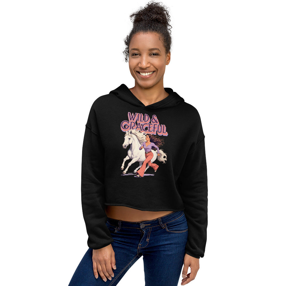 Wild & Graceful White Horse Crop Hoodie | Trendy Retro Pullover for Horse Lovers H-22 by printfluence.net